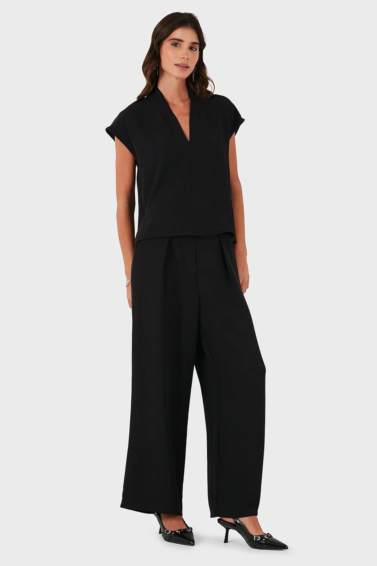 Via Dante Relaxed Fit V Yaka Kısa Kollu Kadın Bluz 268755088 SİYAH - 2