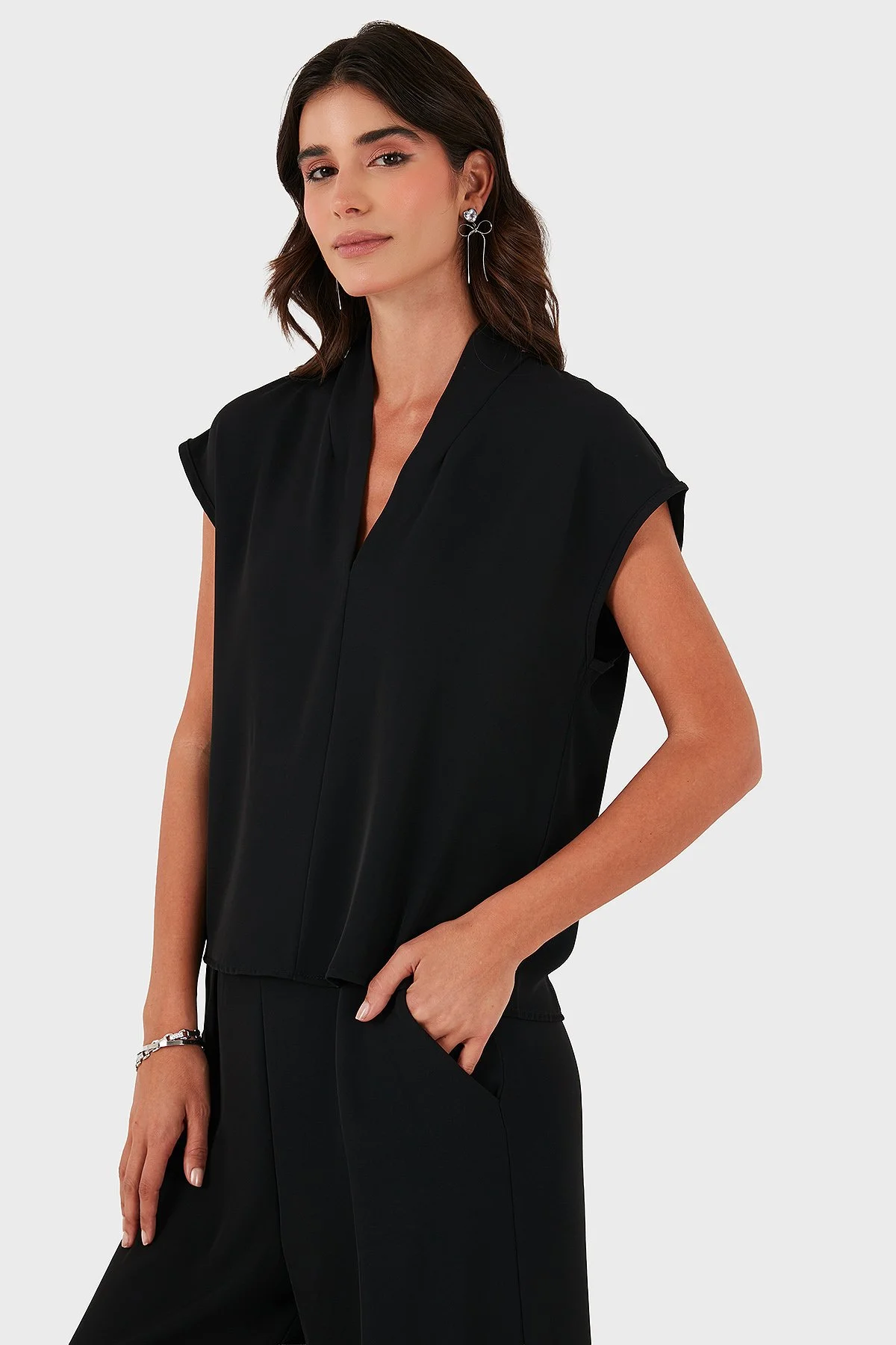 Via Dante Relaxed Fit V Yaka Kısa Kollu Kadın Bluz 268755088 SİYAH - 4