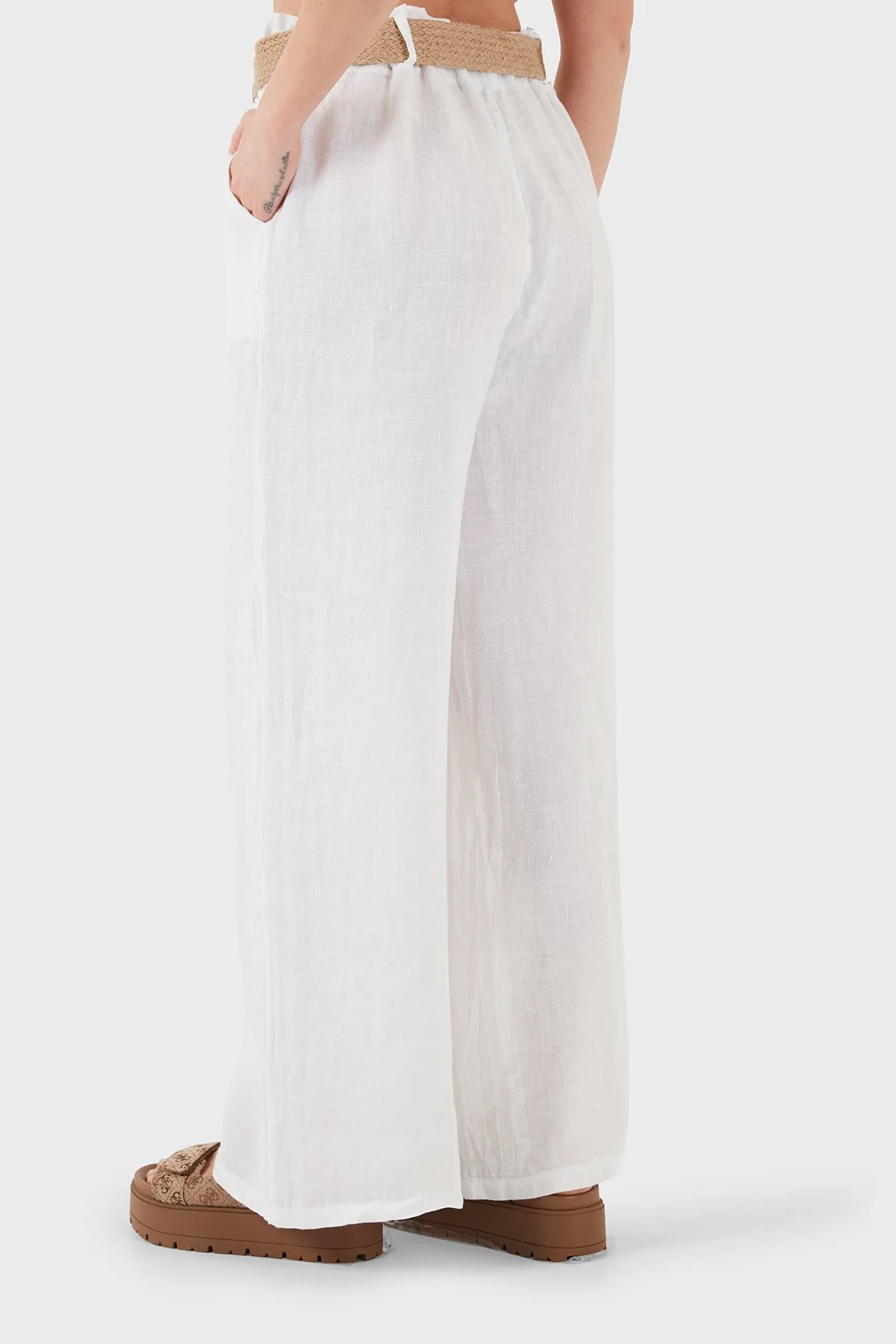 Via Dante Relaxed Fit Yüksek Bel Bol Paça Keten Kadın Pantolon 5056 BEYAZ - 3