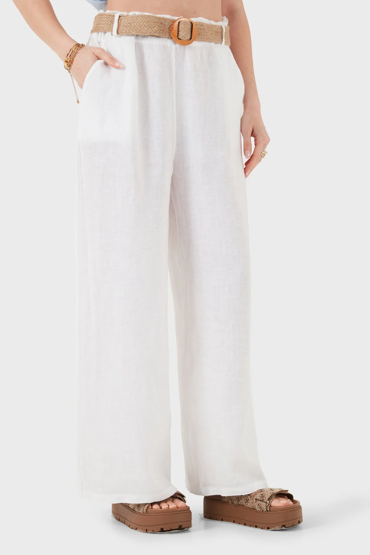 Via Dante Relaxed Fit Yüksek Bel Bol Paça Keten Kadın Pantolon 5056 BEYAZ - 4