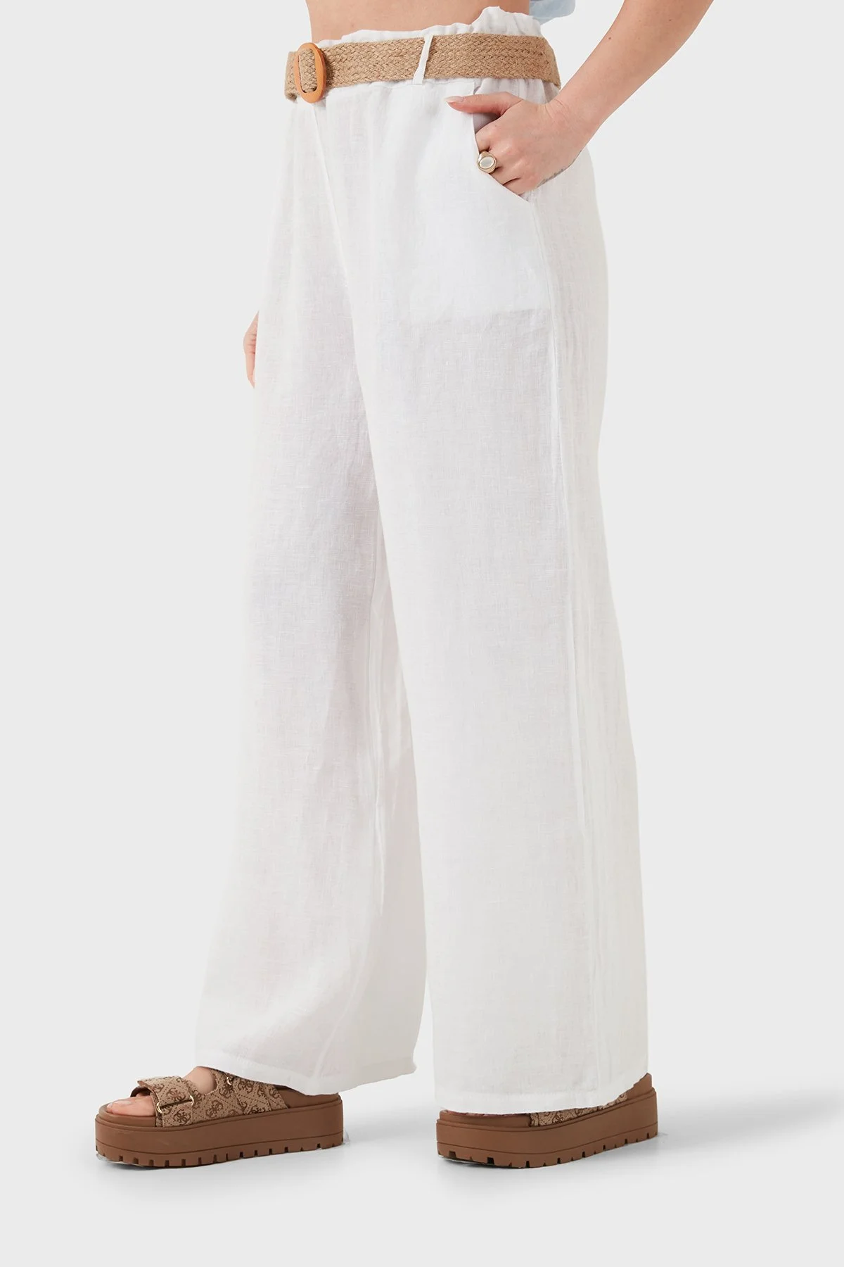 Via Dante Relaxed Fit Yüksek Bel Bol Paça Keten Kadın Pantolon 5056 BEYAZ - 5
