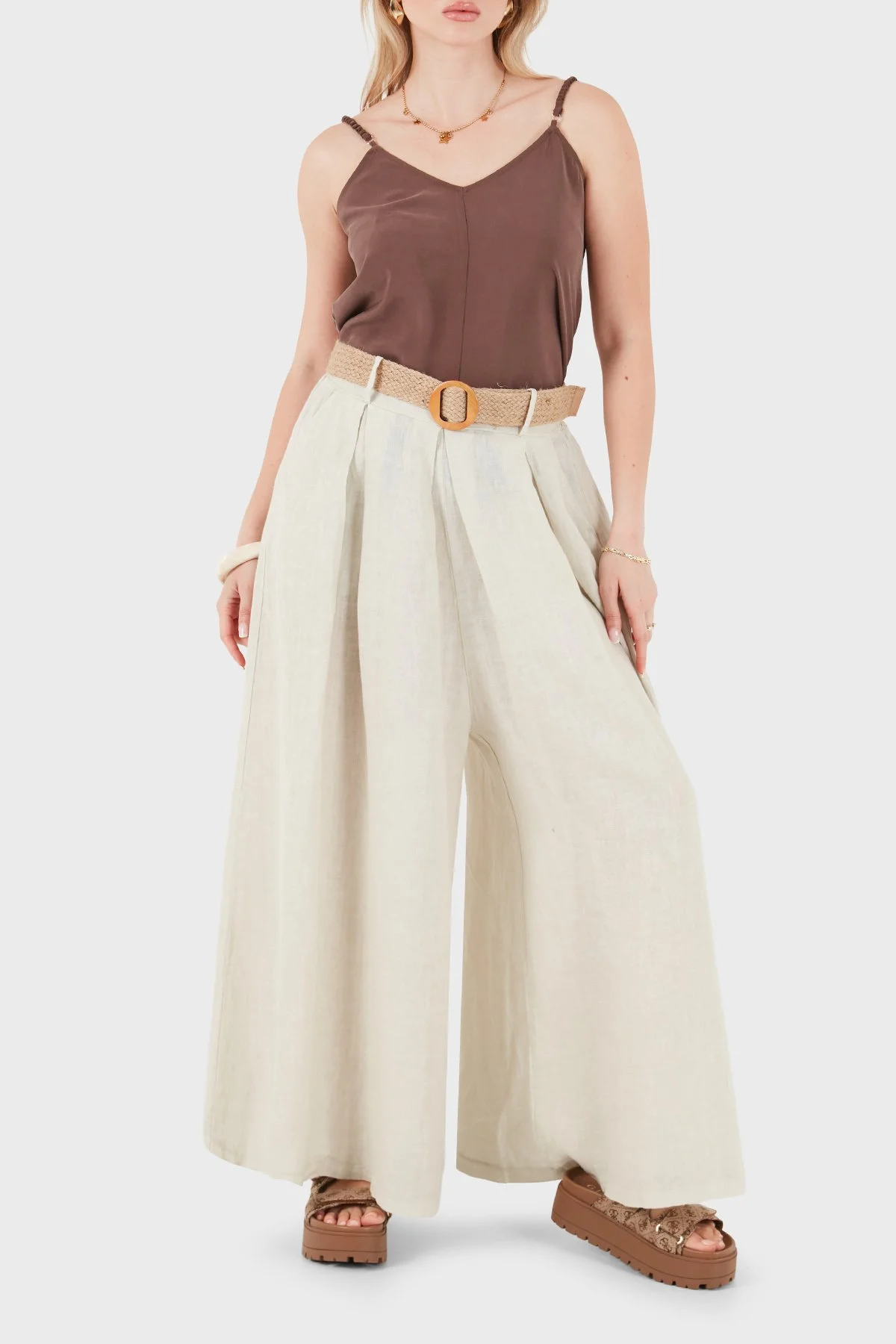 Via Dante Relaxed Fit Yüksek Bel Bol Paça Keten Kadın Pantolon 7544 BEJ - 2