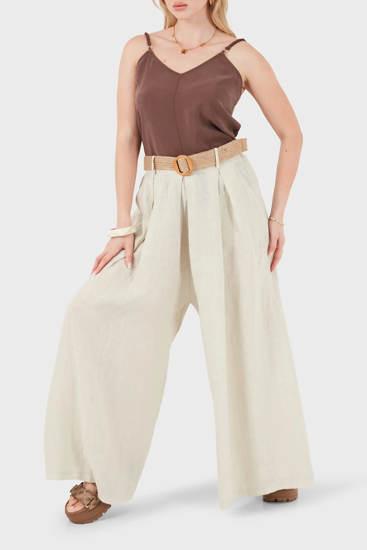 Via Dante Relaxed Fit Yüksek Bel Bol Paça Keten Kadın Pantolon 7544 BEJ - 4