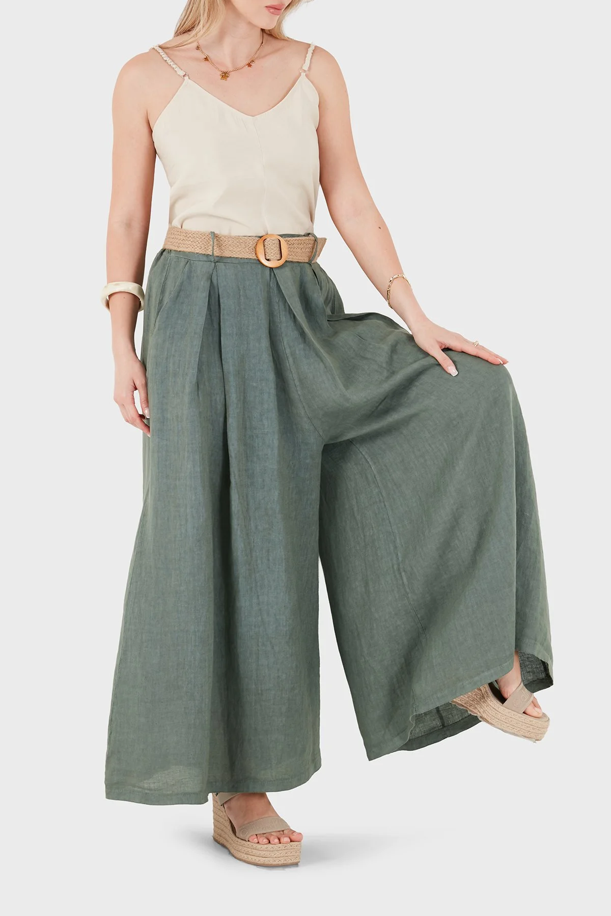 Via Dante Relaxed Fit Yüksek Bel Bol Paça Keten Kadın Pantolon 7544 HAKİ - 2