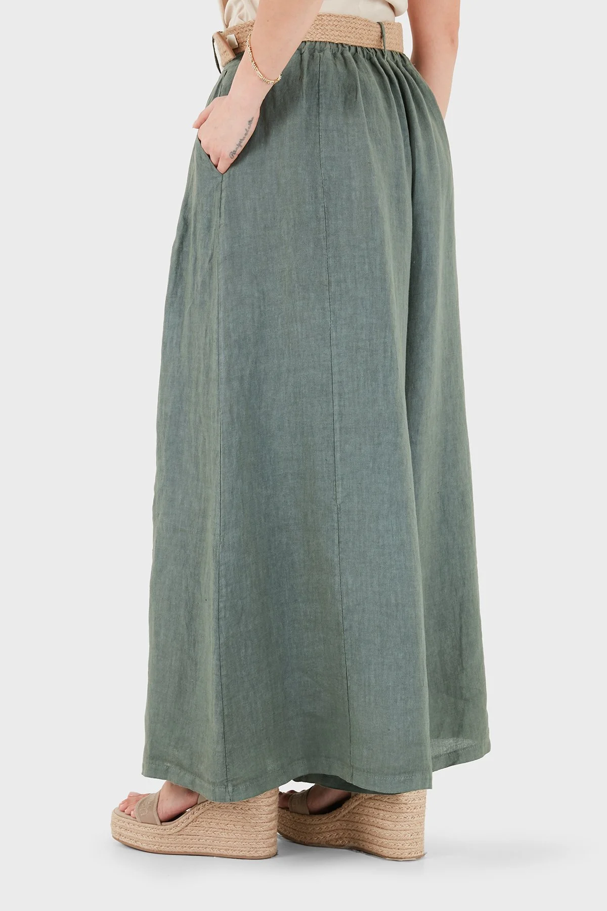 Via Dante Relaxed Fit Yüksek Bel Bol Paça Keten Kadın Pantolon 7544 HAKİ - 3