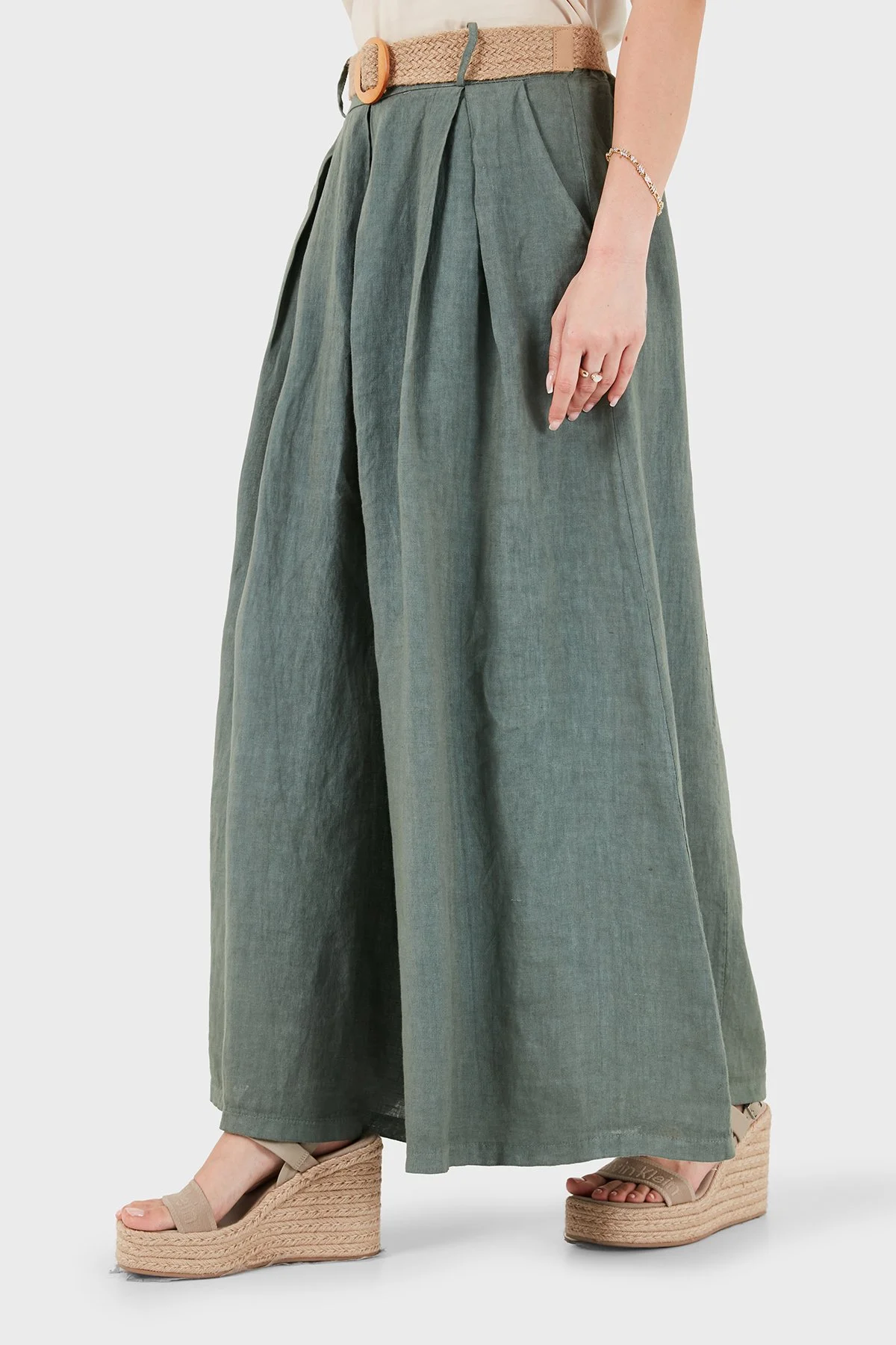 Via Dante Relaxed Fit Yüksek Bel Bol Paça Keten Kadın Pantolon 7544 HAKİ - 4