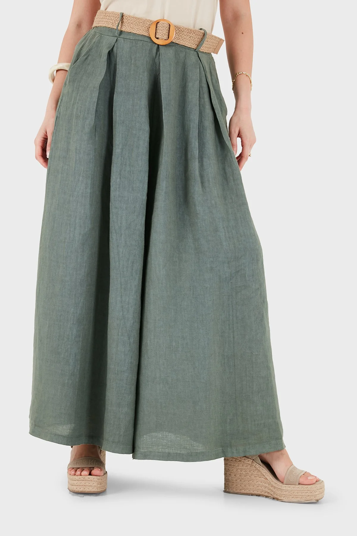Via Dante Relaxed Fit Yüksek Bel Bol Paça Keten Kadın Pantolon 7544 HAKİ - 5