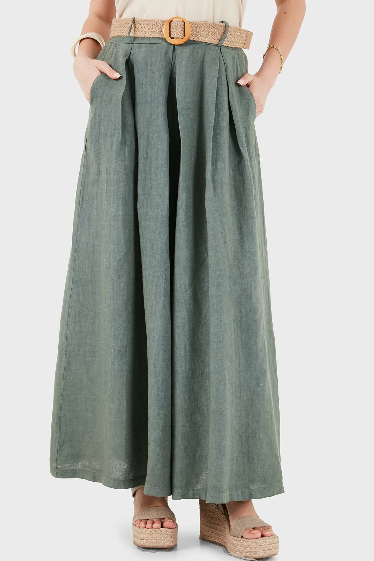 Via Dante Relaxed Fit Yüksek Bel Bol Paça Keten Kadın Pantolon 7544 HAKİ - 6