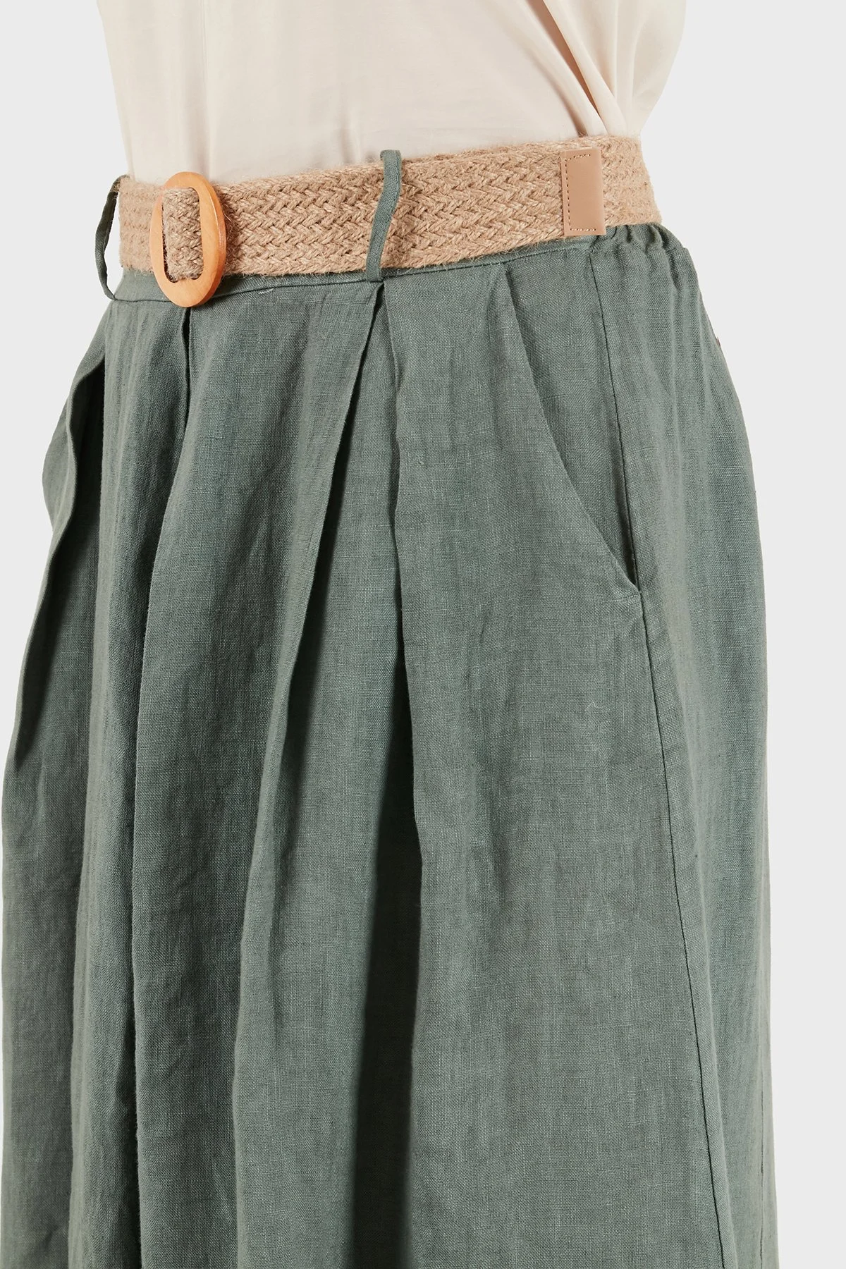 Via Dante Relaxed Fit Yüksek Bel Bol Paça Keten Kadın Pantolon 7544 HAKİ - 7