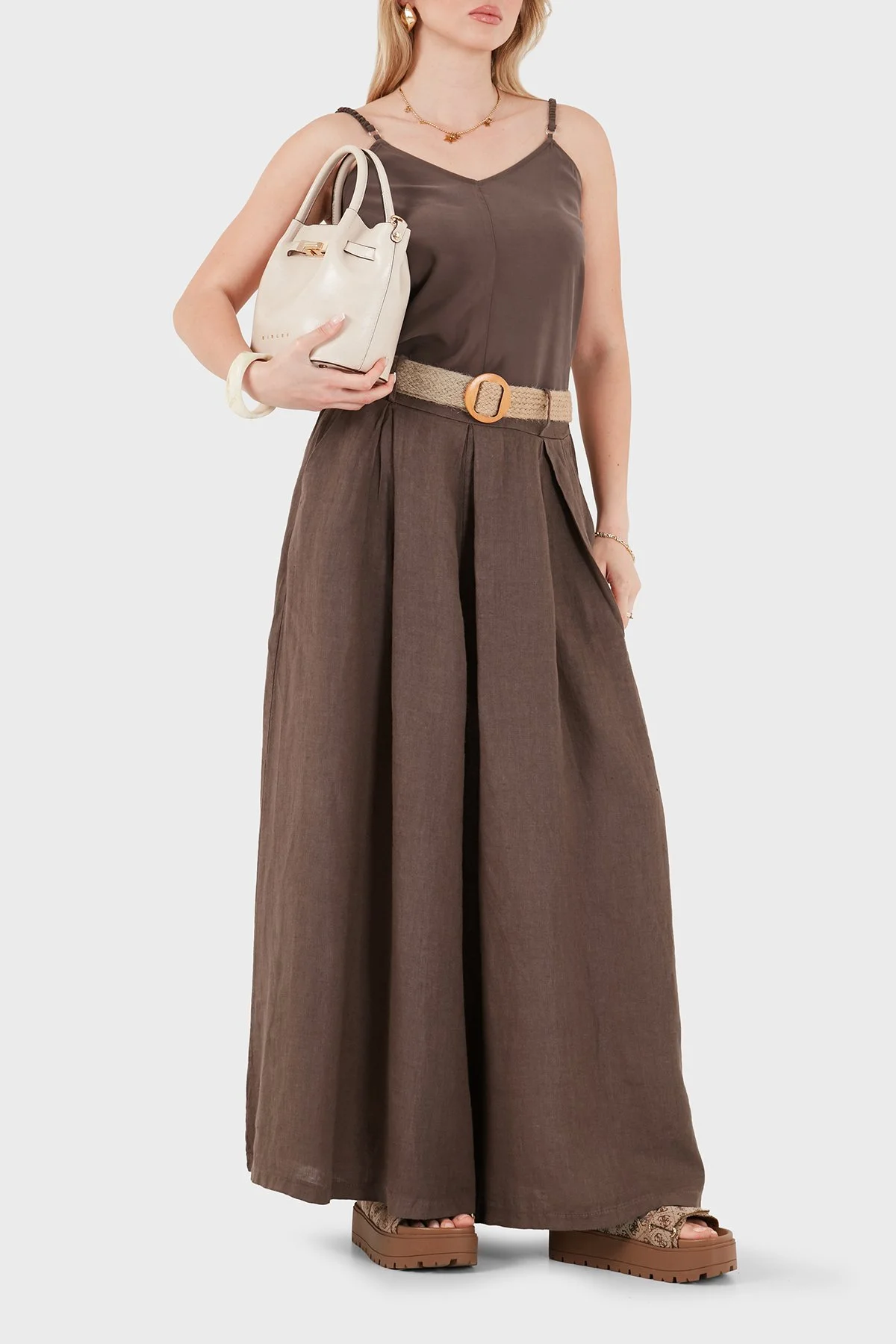 Via Dante Relaxed Fit Yüksek Bel Bol Paça Keten Kadın Pantolon 7544 KAHVE - 1