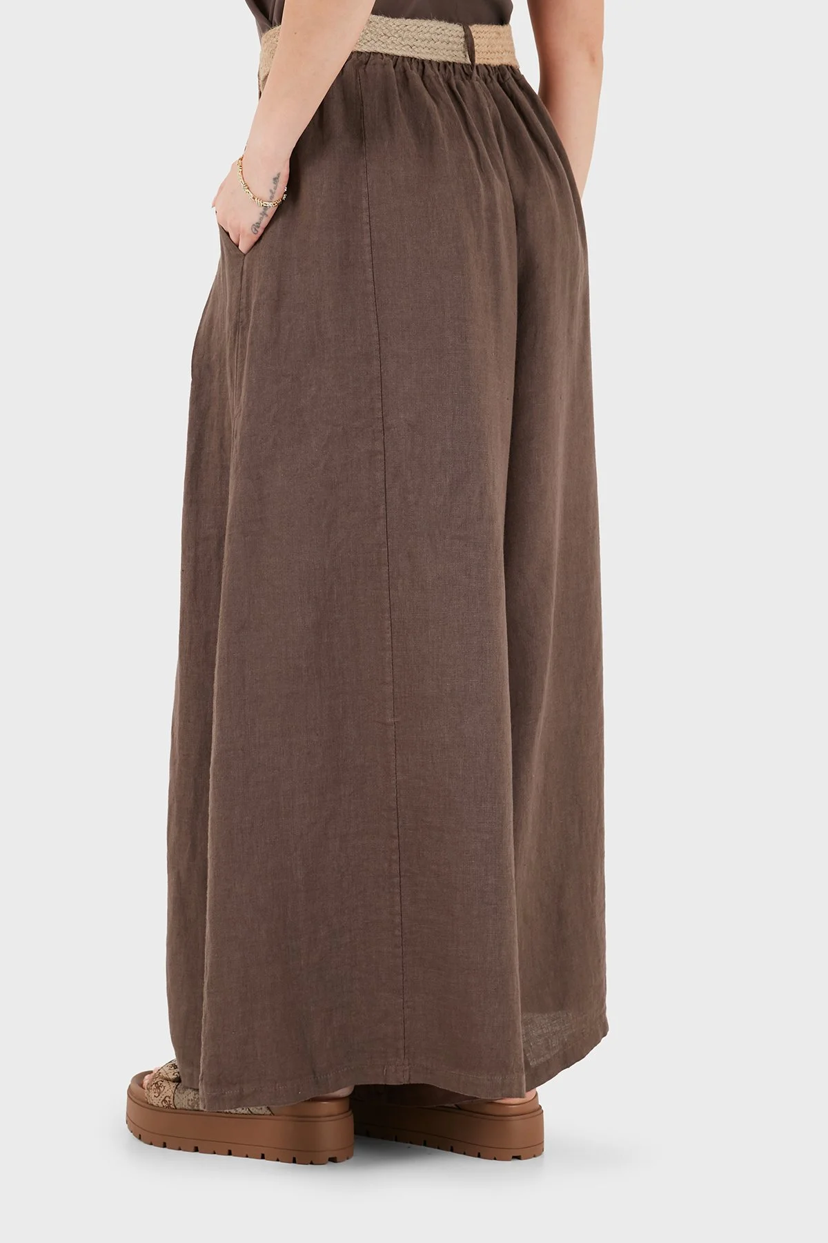 Via Dante Relaxed Fit Yüksek Bel Bol Paça Keten Kadın Pantolon 7544 KAHVE - 3