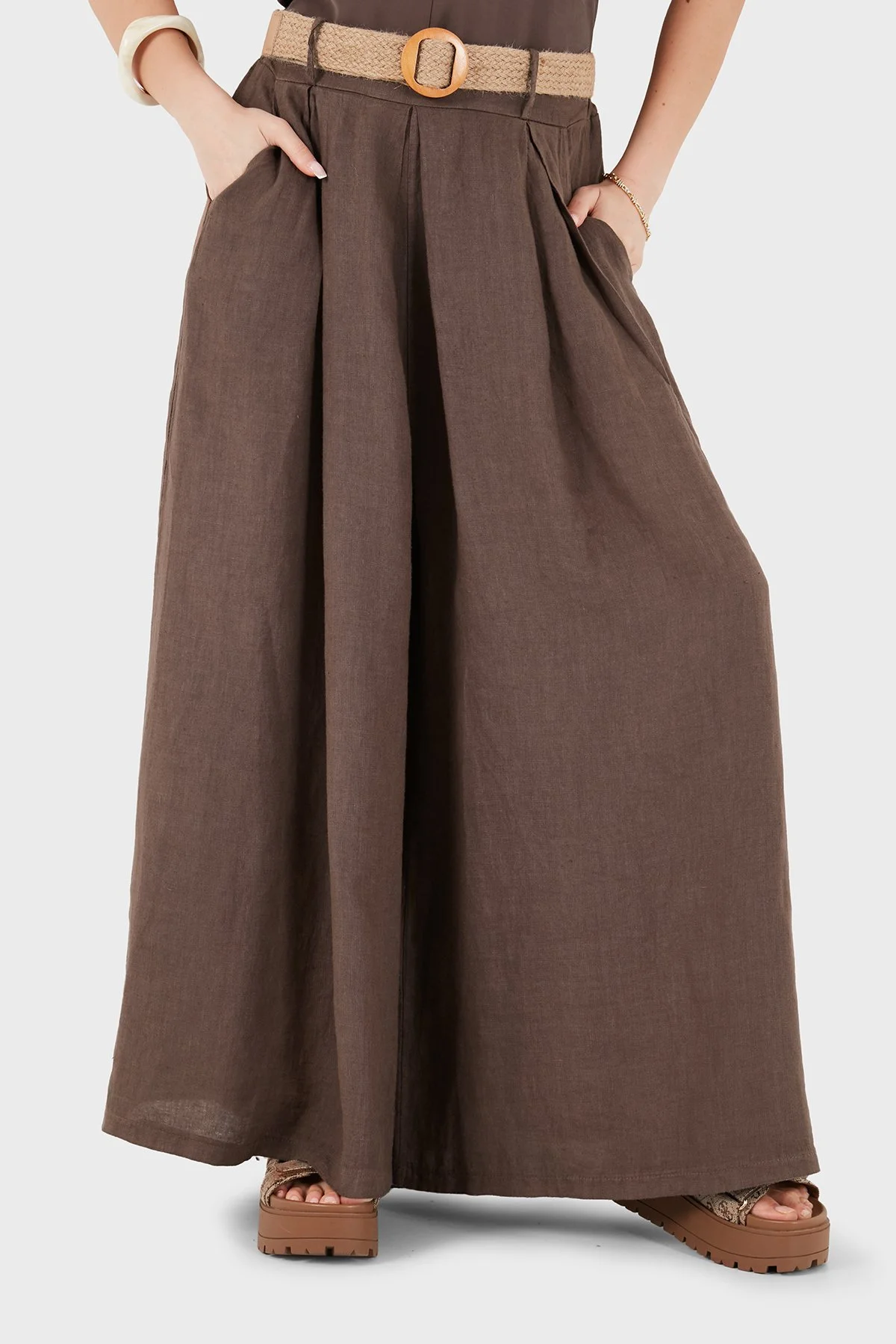 Via Dante Relaxed Fit Yüksek Bel Bol Paça Keten Kadın Pantolon 7544 KAHVE - 4