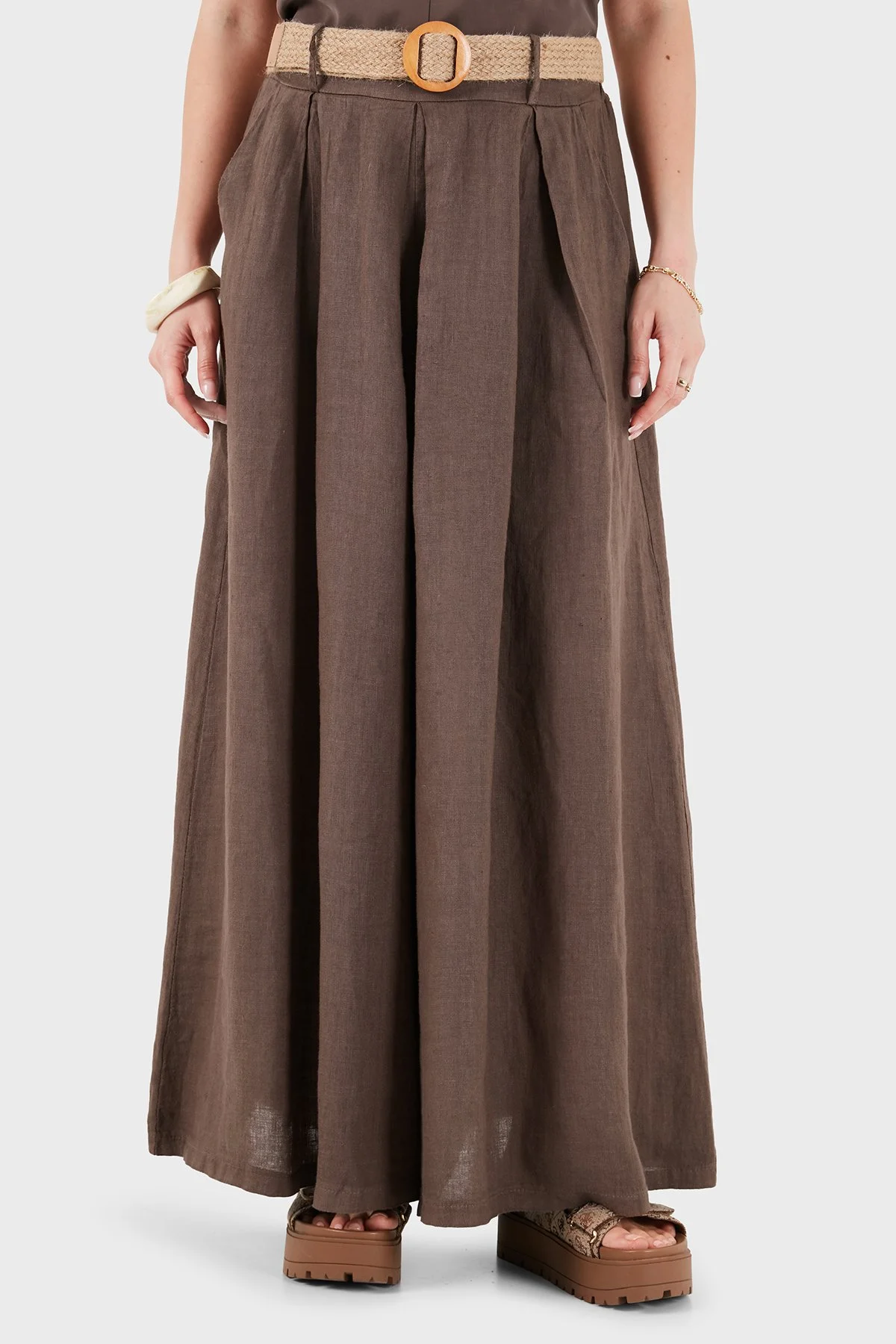 Via Dante Relaxed Fit Yüksek Bel Bol Paça Keten Kadın Pantolon 7544 KAHVE - 5
