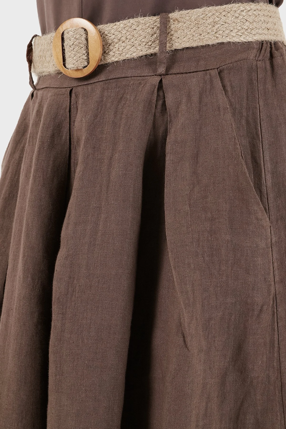 Via Dante Relaxed Fit Yüksek Bel Bol Paça Keten Kadın Pantolon 7544 KAHVE - 6