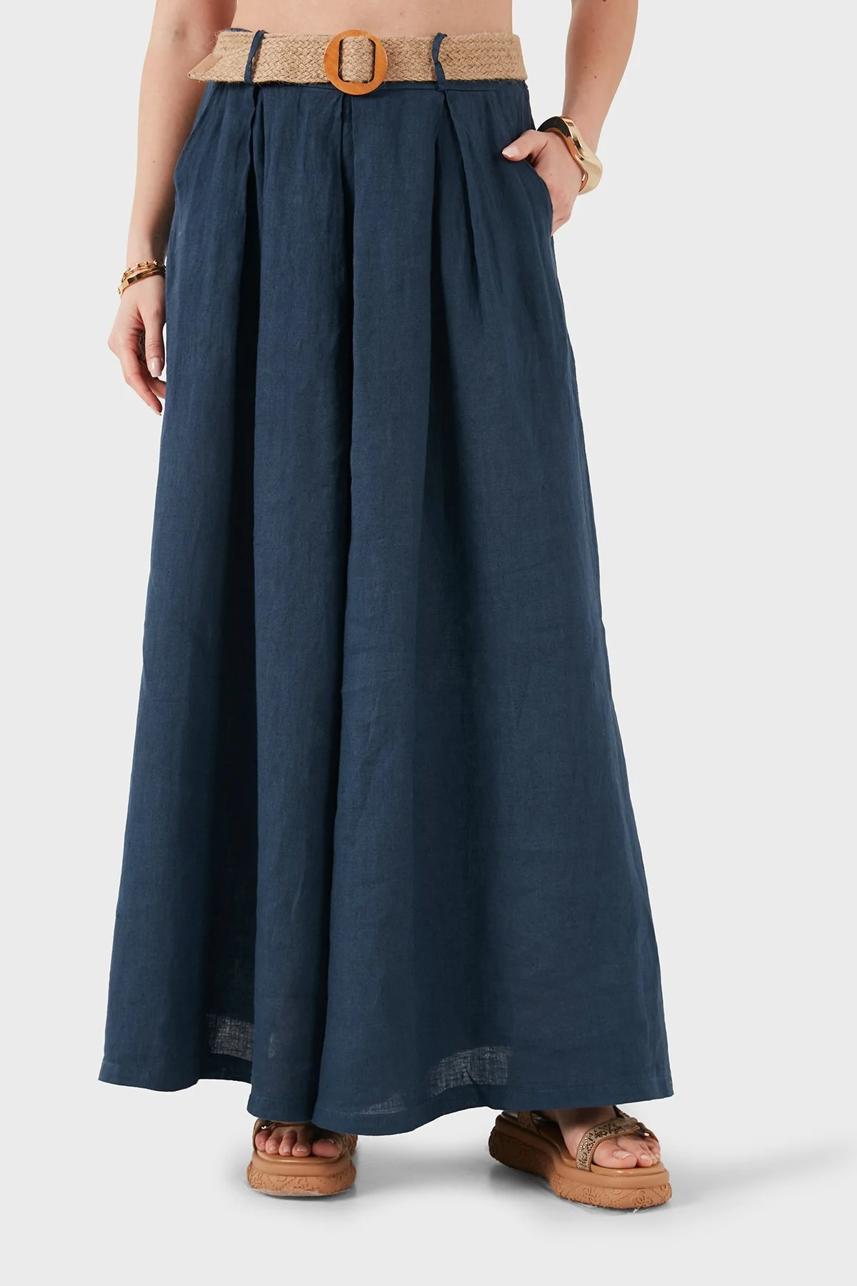 Via Dante Relaxed Fit Yüksek Bel Bol Paça Keten Kadın Pantolon 7544 LACİVERT - 2