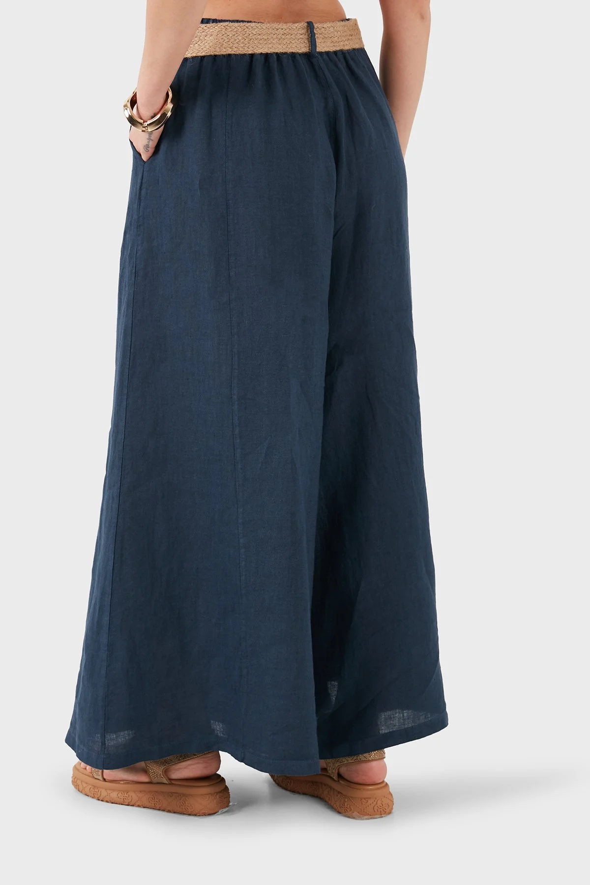 Via Dante Relaxed Fit Yüksek Bel Bol Paça Keten Kadın Pantolon 7544 LACİVERT - 3