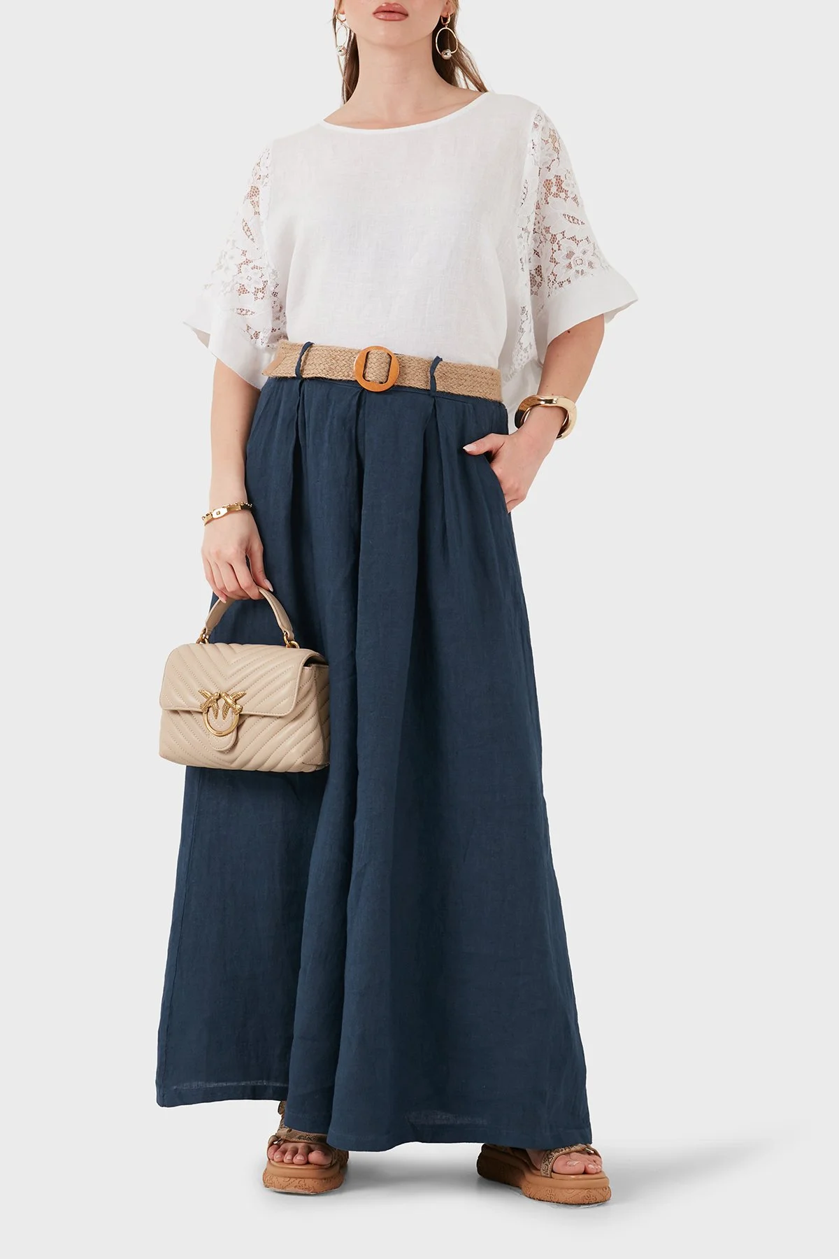 Via Dante Relaxed Fit Yüksek Bel Bol Paça Keten Kadın Pantolon 7544 LACİVERT - 4