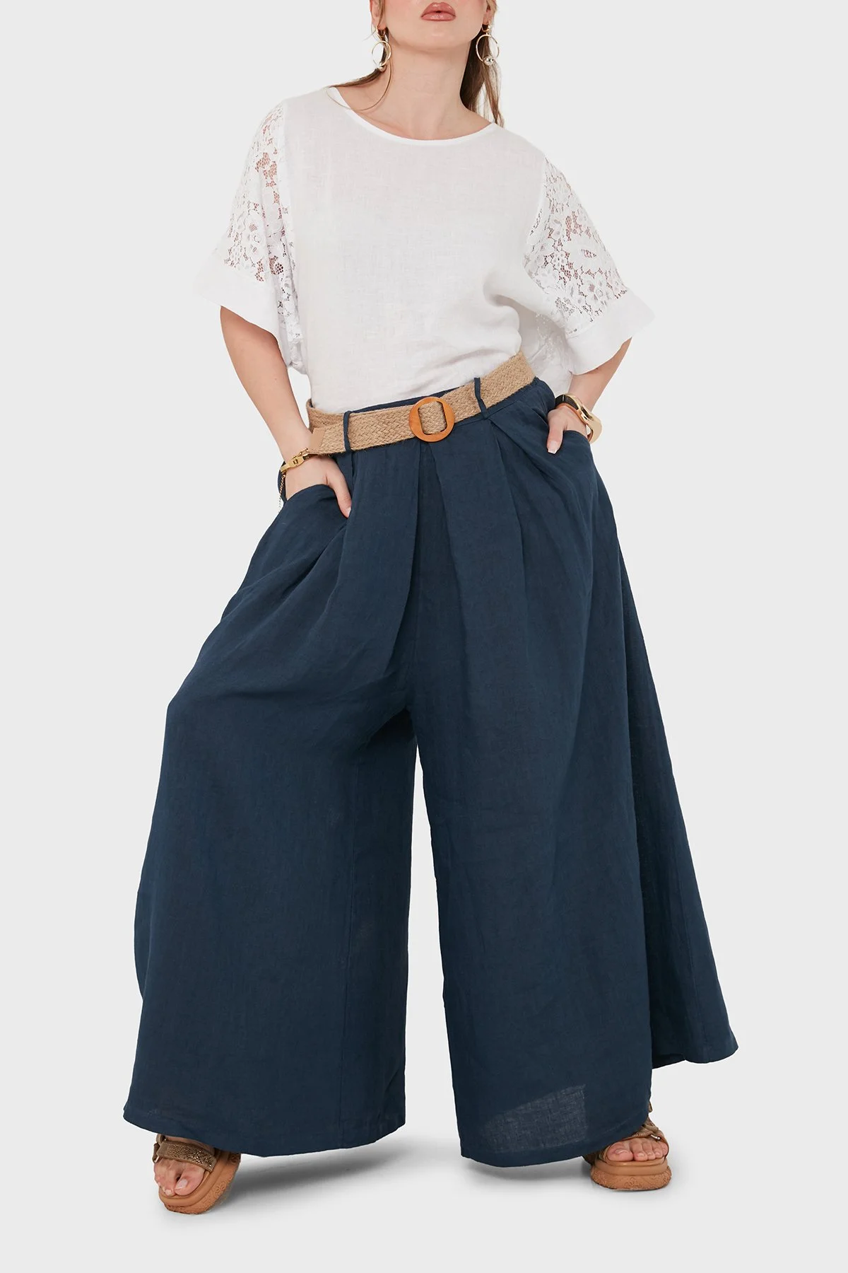 Via Dante Relaxed Fit Yüksek Bel Bol Paça Keten Kadın Pantolon 7544 LACİVERT - 5