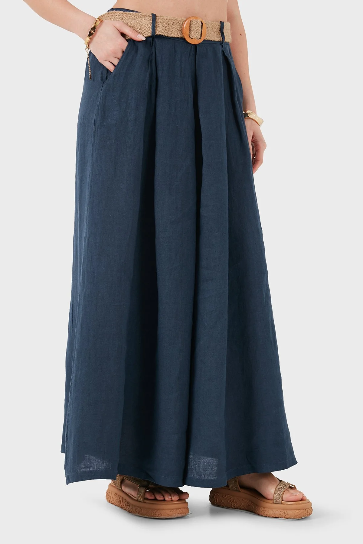 Via Dante Relaxed Fit Yüksek Bel Bol Paça Keten Kadın Pantolon 7544 LACİVERT - 6