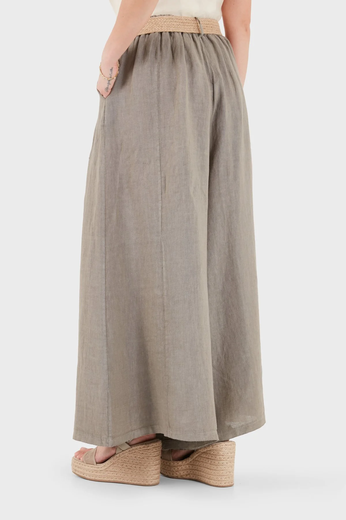 Via Dante Relaxed Fit Yüksek Bel Bol Paça Keten Kadın Pantolon 7544 TOPRAK - 3