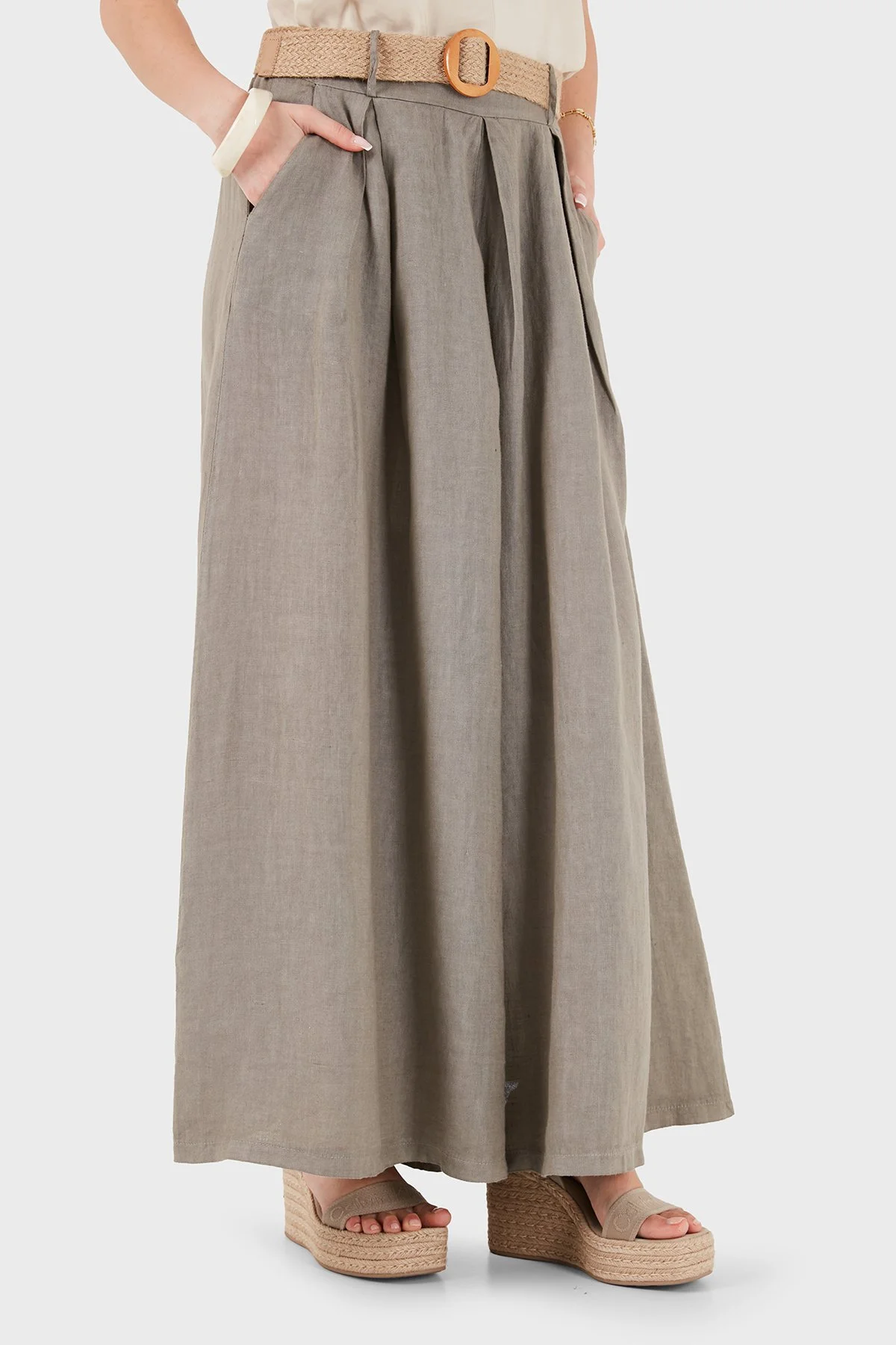 Via Dante Relaxed Fit Yüksek Bel Bol Paça Keten Kadın Pantolon 7544 TOPRAK - 5