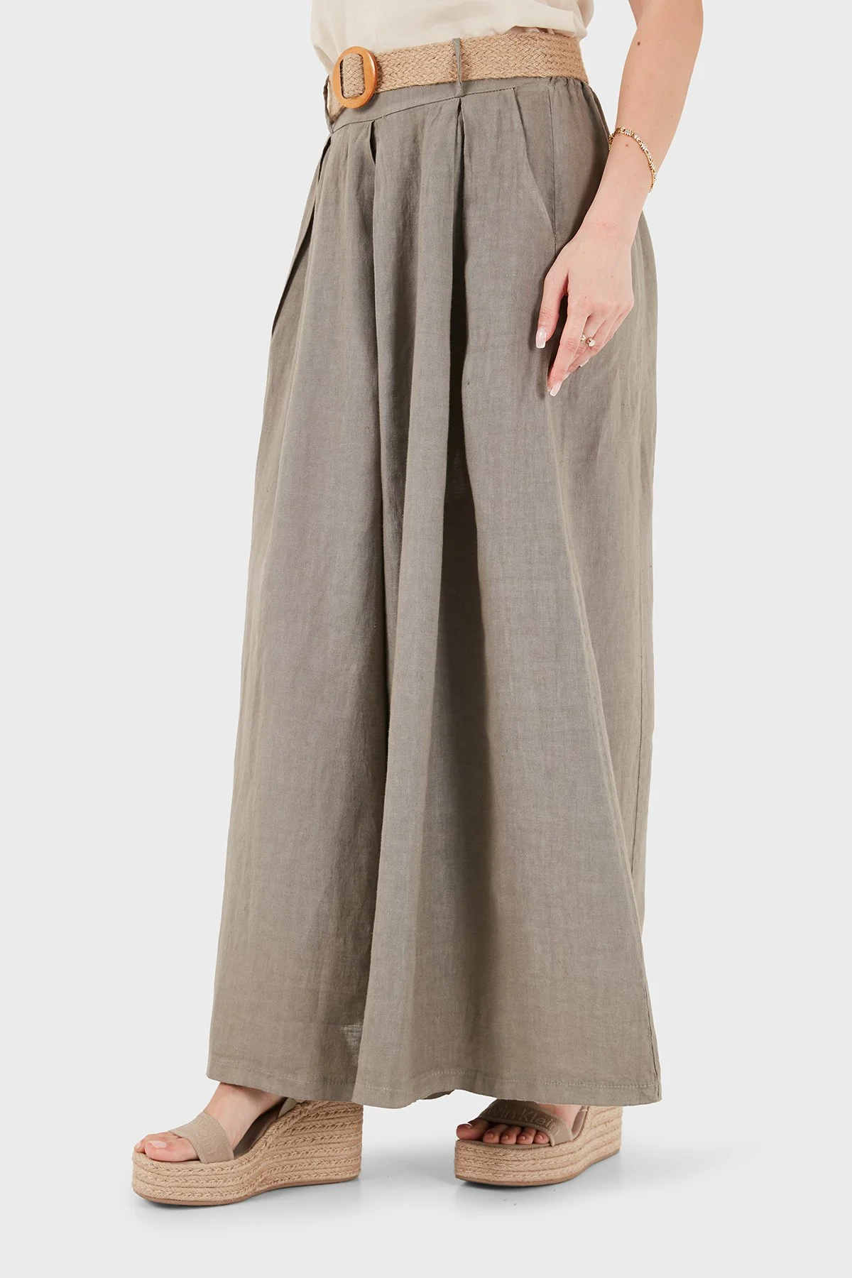 Via Dante Relaxed Fit Yüksek Bel Bol Paça Keten Kadın Pantolon 7544 TOPRAK - 6