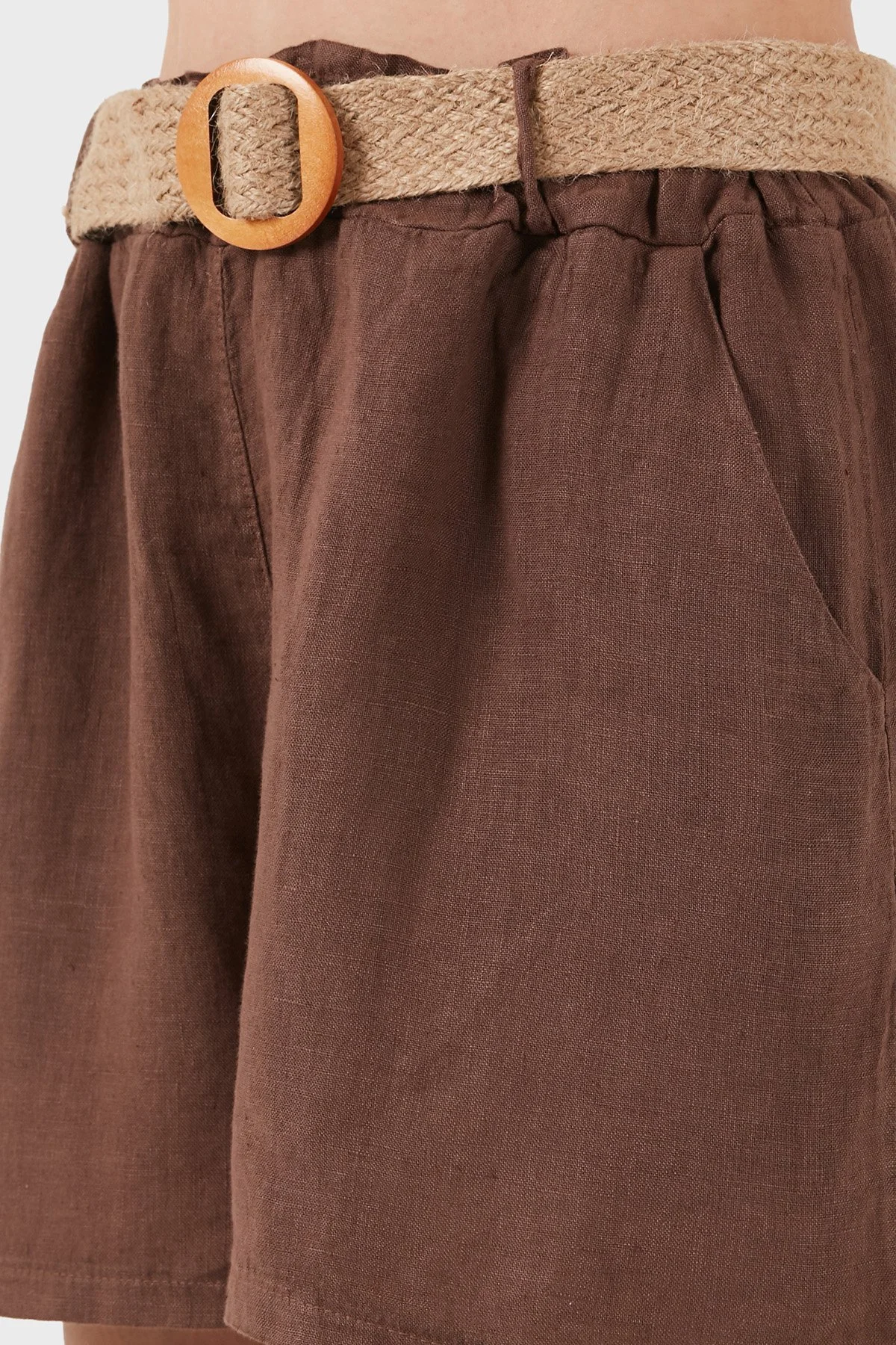 Via Dante Relaxed Fit Yüksek Bel Keten Kadın Şort 5057 KAHVE - 7