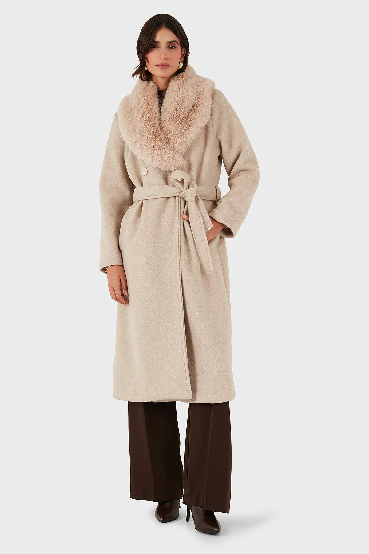 Via Dante Relaxed Fit Yumuşak Tüylü Şal Yaka Bayan Kaban 6909660 BEJ - 5