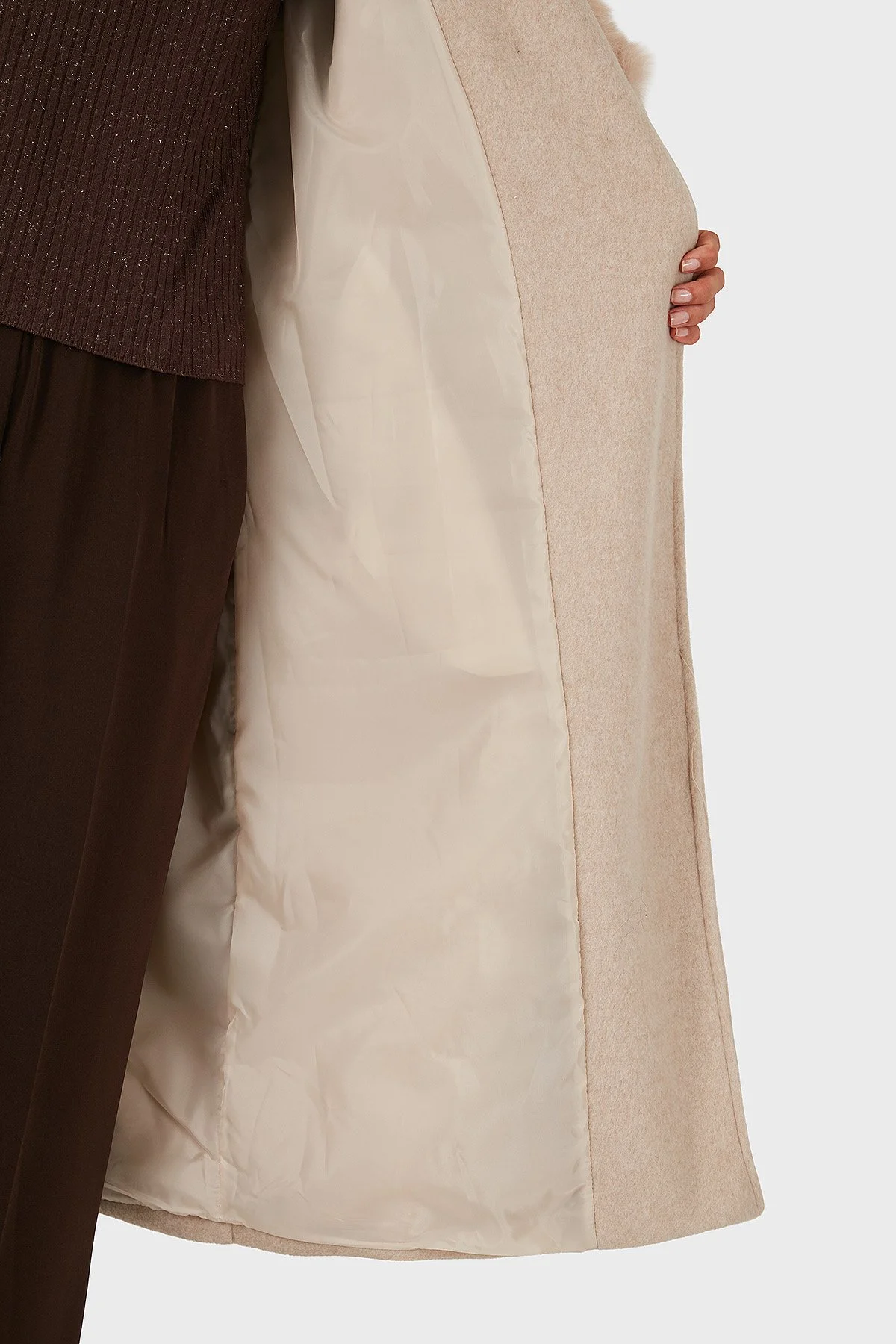 Via Dante Relaxed Fit Yumuşak Tüylü Şal Yaka Bayan Kaban 6909660 BEJ - 6