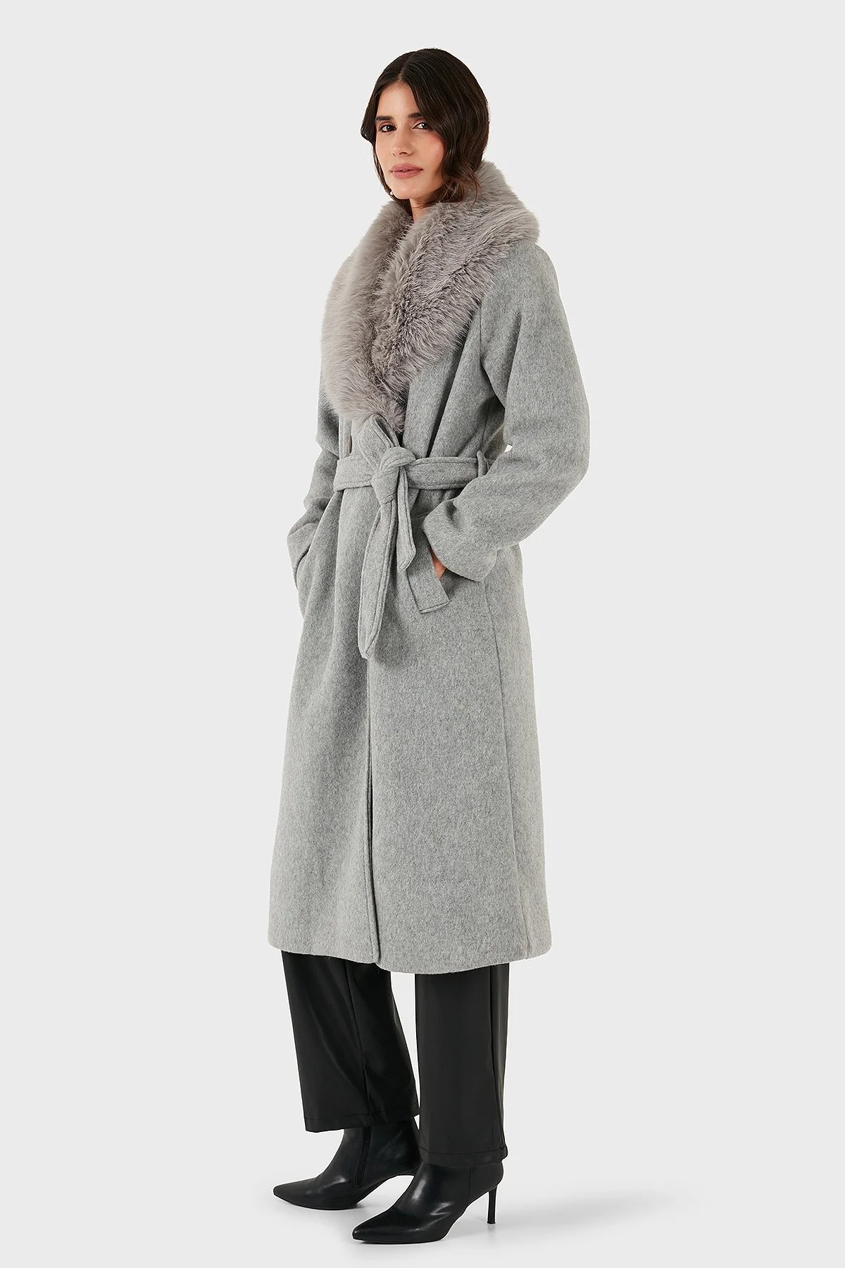 Via Dante Relaxed Fit Yumuşak Tüylü Şal Yaka Bayan Kaban 6909660 GRİ - 5