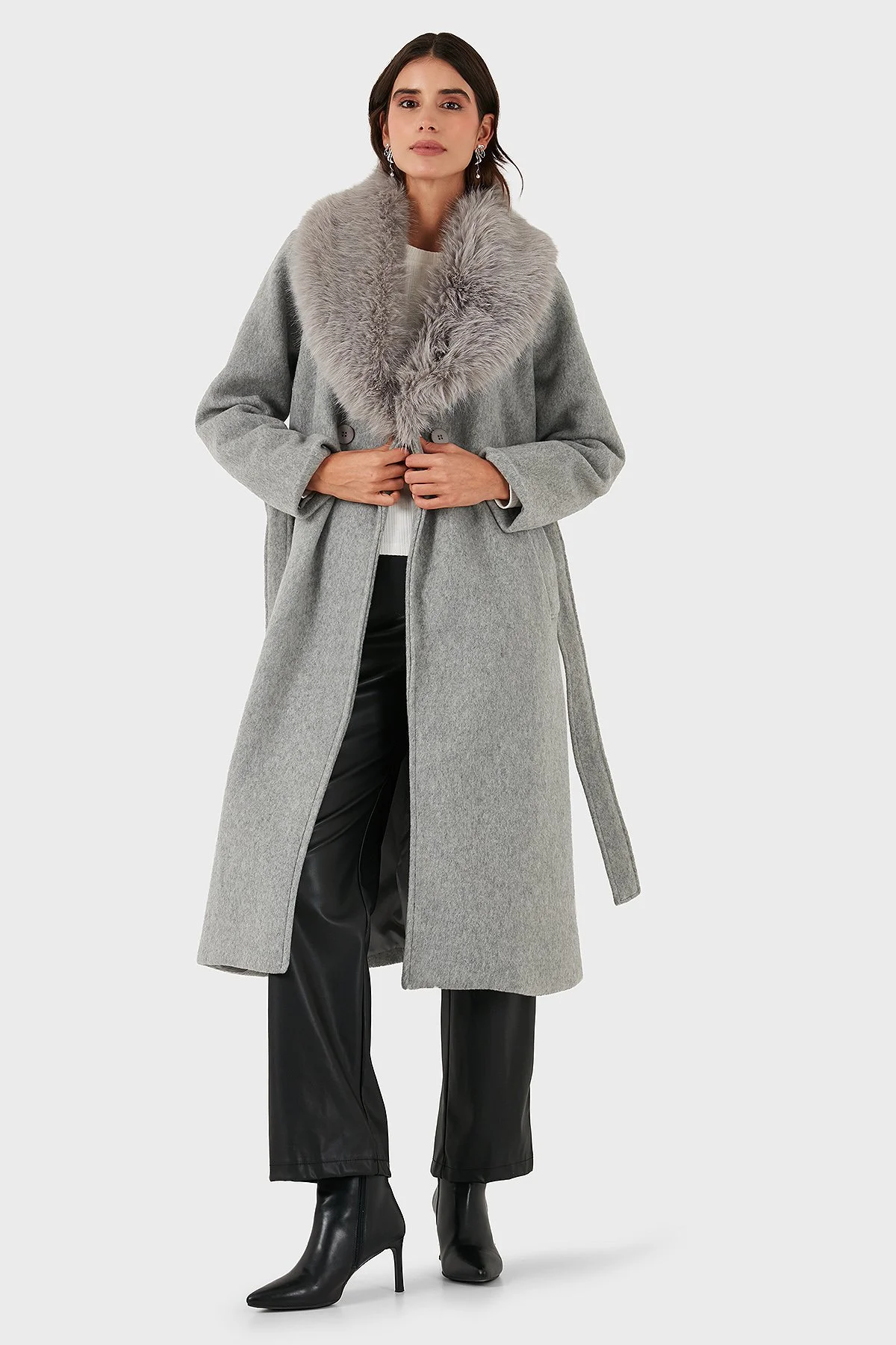 Via Dante Relaxed Fit Yumuşak Tüylü Şal Yaka Bayan Kaban 6909660 GRİ - 6