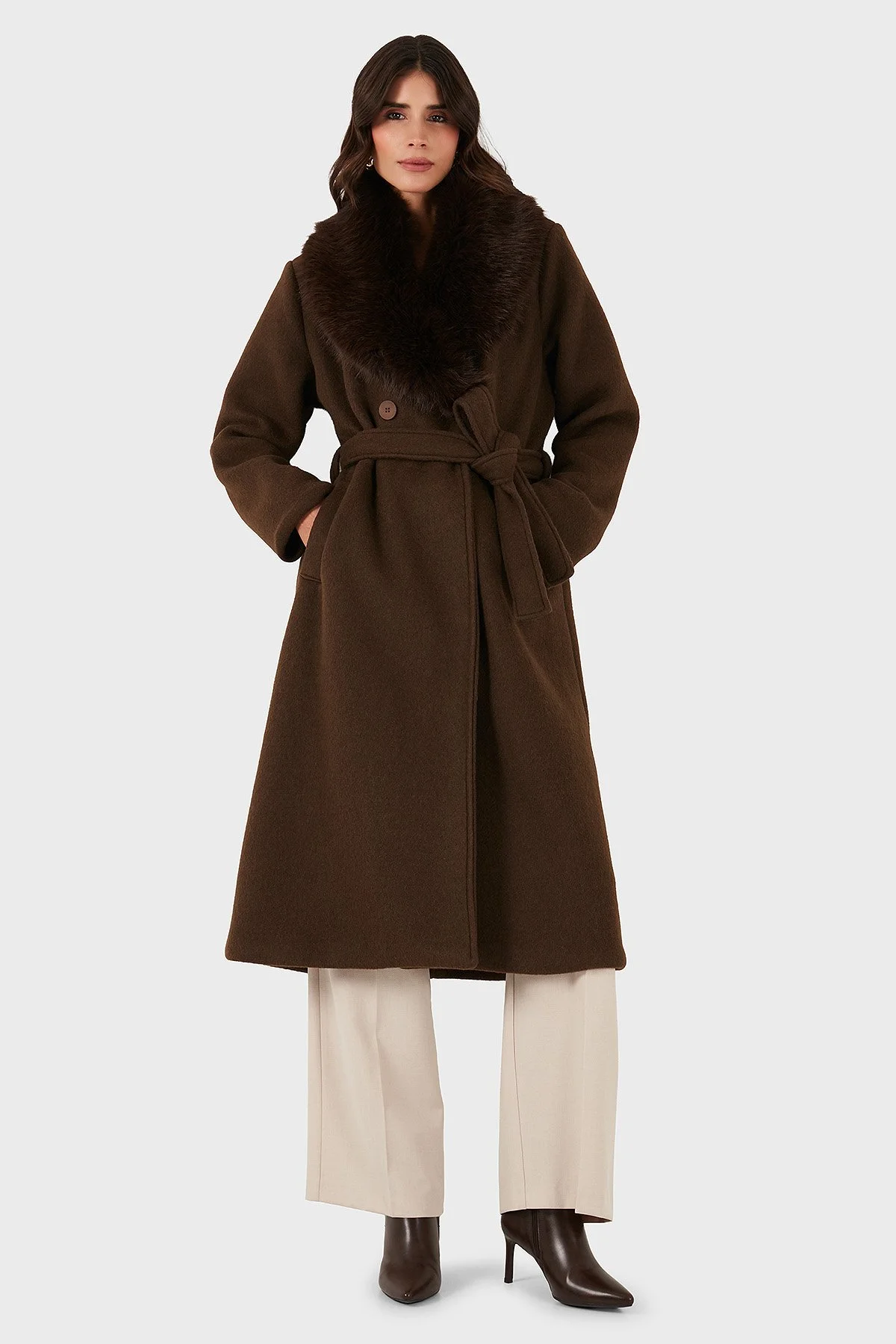 Via Dante Relaxed Fit Yumuşak Tüylü Şal Yaka Bayan Kaban 6909660 KAHVE - 4