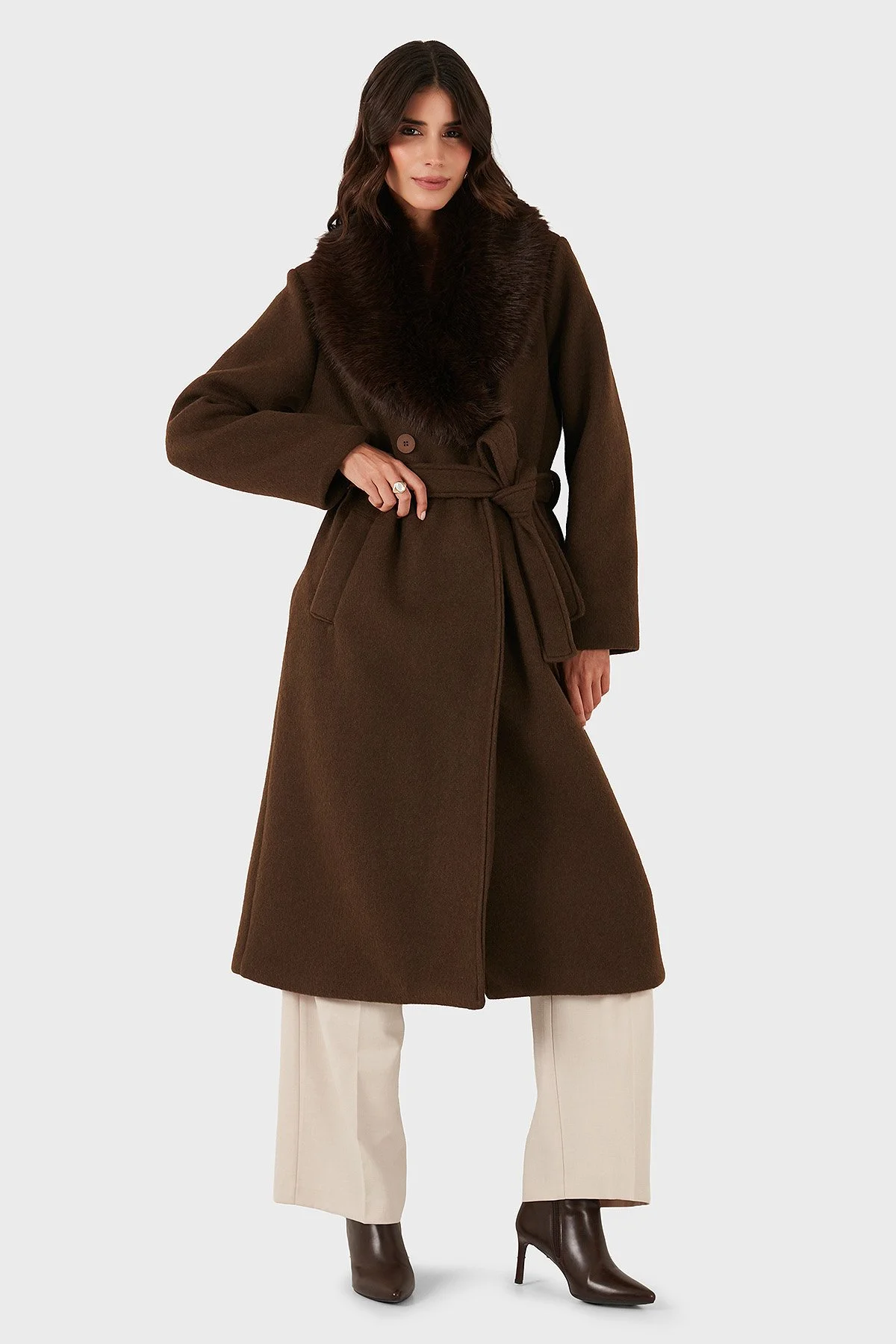 Via Dante Relaxed Fit Yumuşak Tüylü Şal Yaka Bayan Kaban 6909660 KAHVE - 6