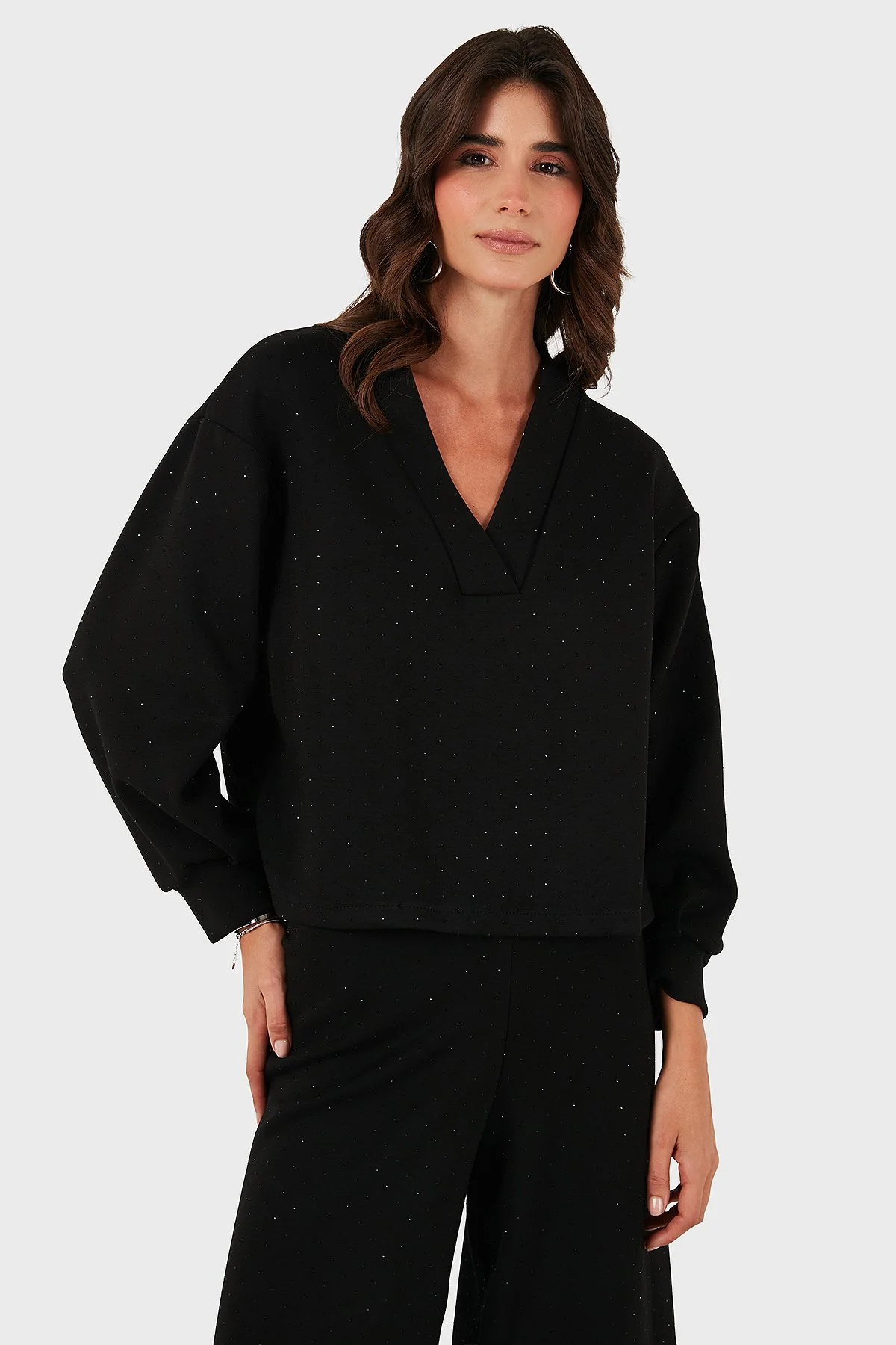 Via Dante Taşlı Oversize Fit V Yaka Bayan Bluz 268793733 SİYAH - 1