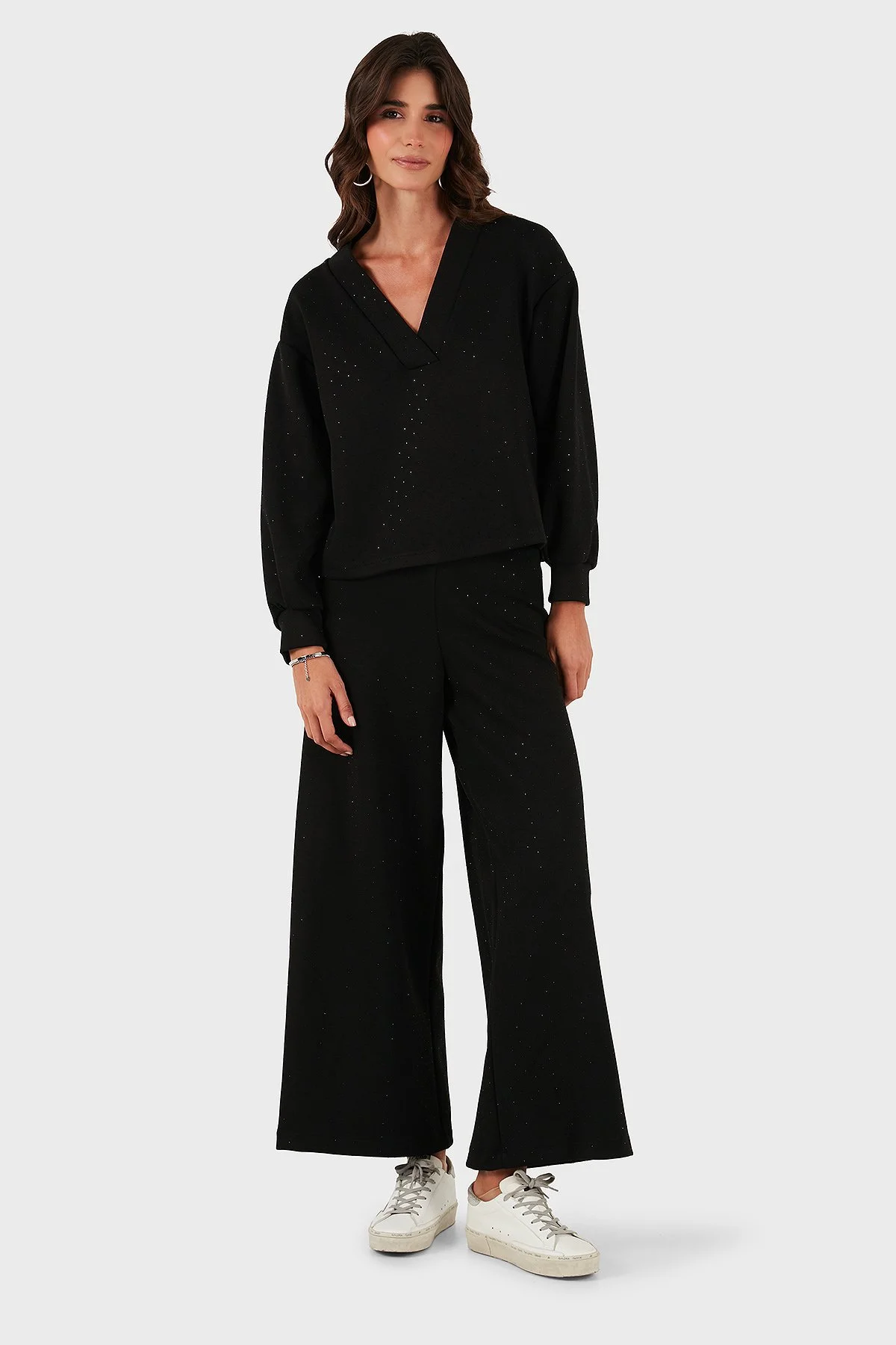 Via Dante Taşlı Oversize Fit V Yaka Bayan Bluz 268793733 SİYAH - 2