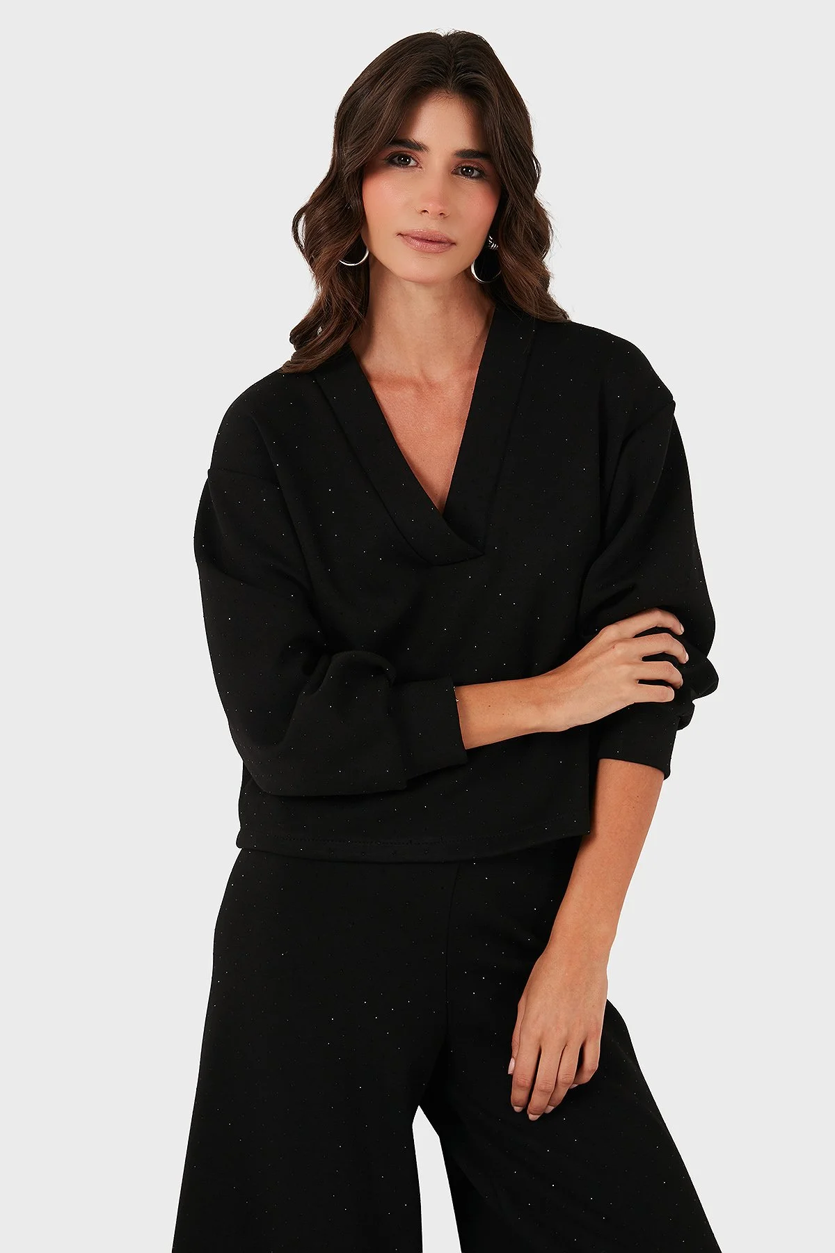 Via Dante Taşlı Oversize Fit V Yaka Bayan Bluz 268793733 SİYAH - 4