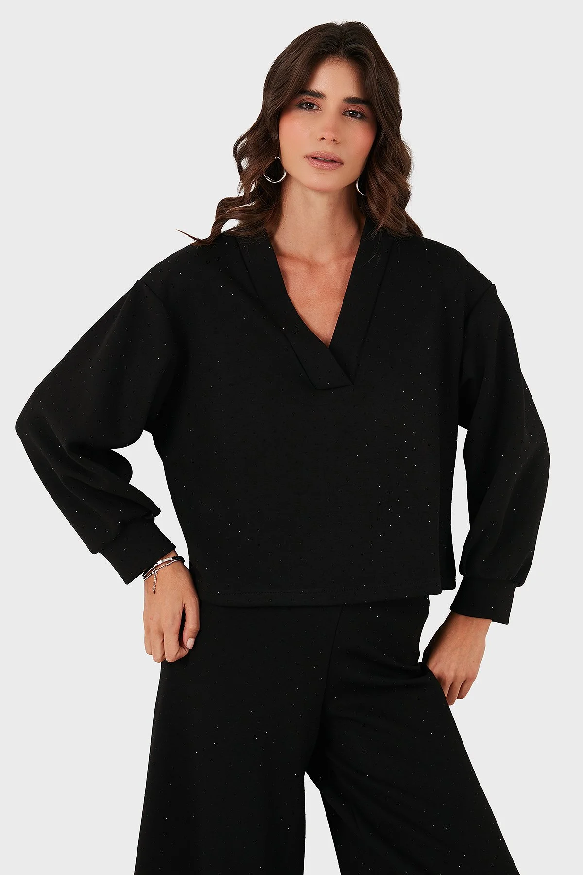 Via Dante Taşlı Oversize Fit V Yaka Kadın Bluz 268793733 SİYAH - 5