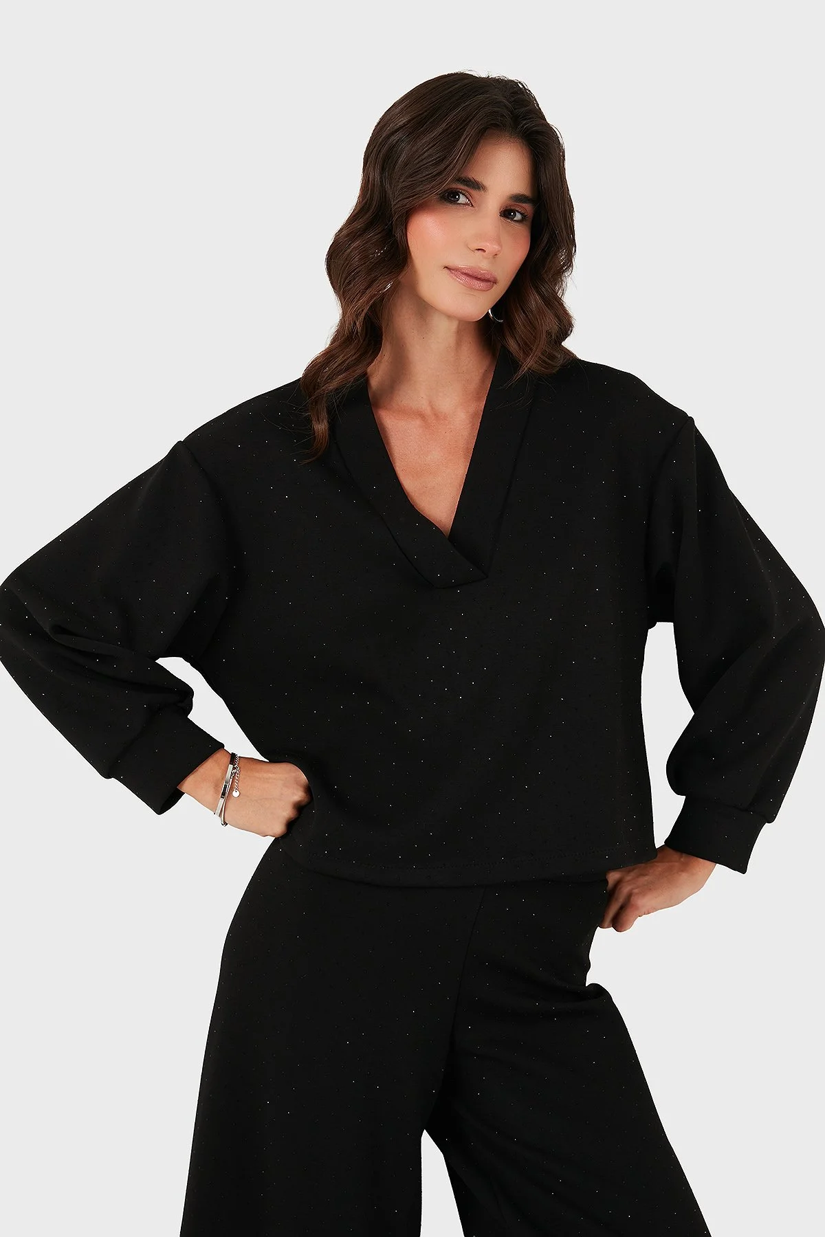 Via Dante Taşlı Oversize Fit V Yaka Kadın Bluz 268793733 SİYAH - 6