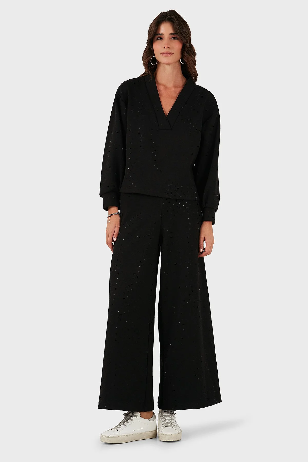 Via Dante Taşlı Regular Fit Normal Bel Geniş Paça Kadın Pantolon 268793735 SİYAH - 2