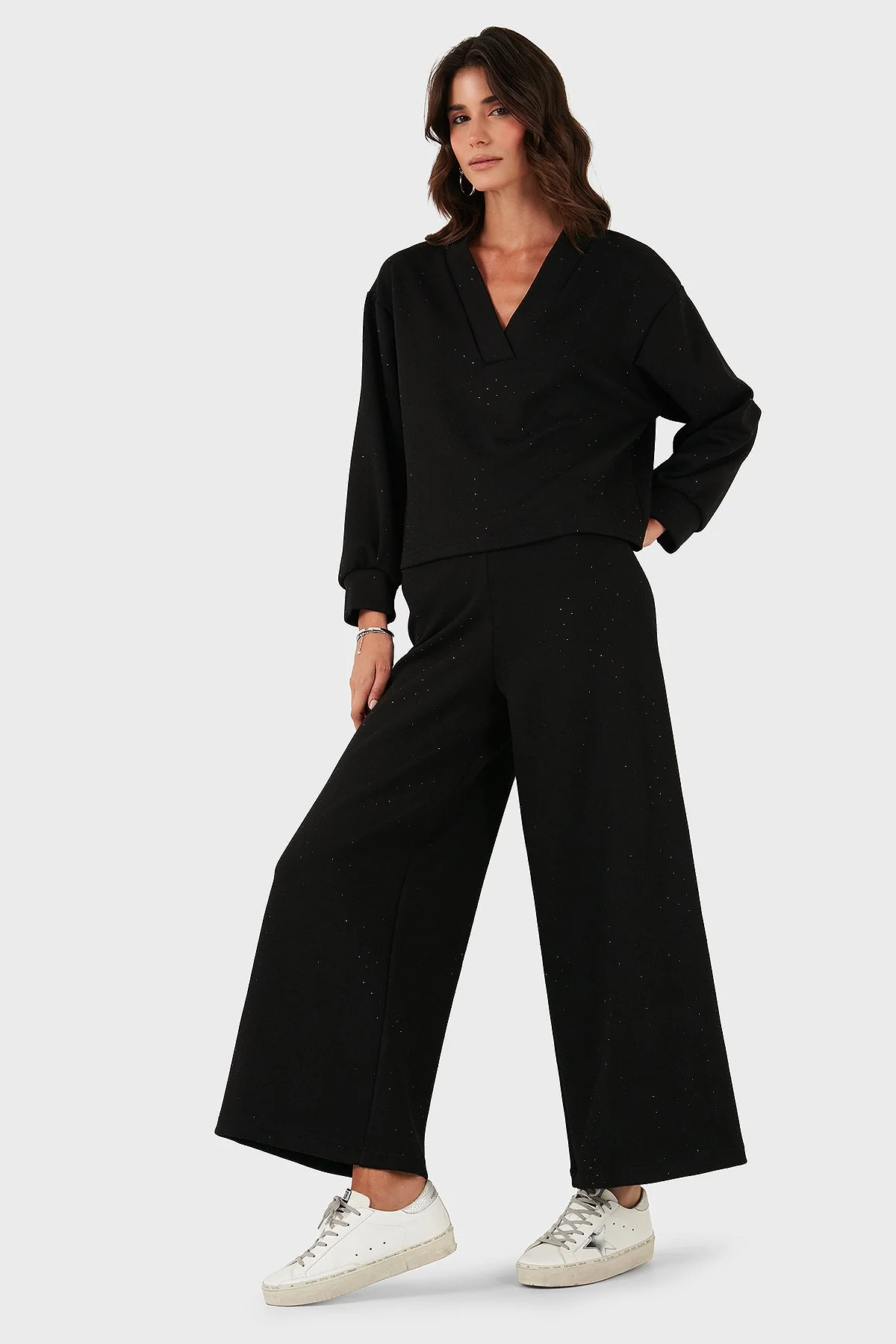 Via Dante Taşlı Regular Fit Normal Bel Geniş Paça Kadın Pantolon 268793735 SİYAH - 7