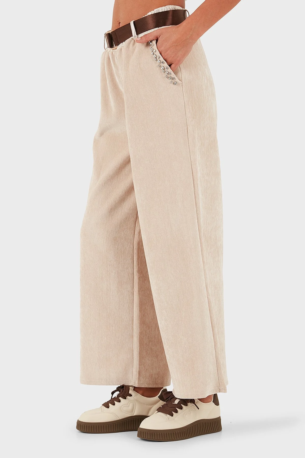 Via Dante Wide Leg Fit Normal Bel Cep Detaylı Bayan Pantolon 69143990 BEJ - 5