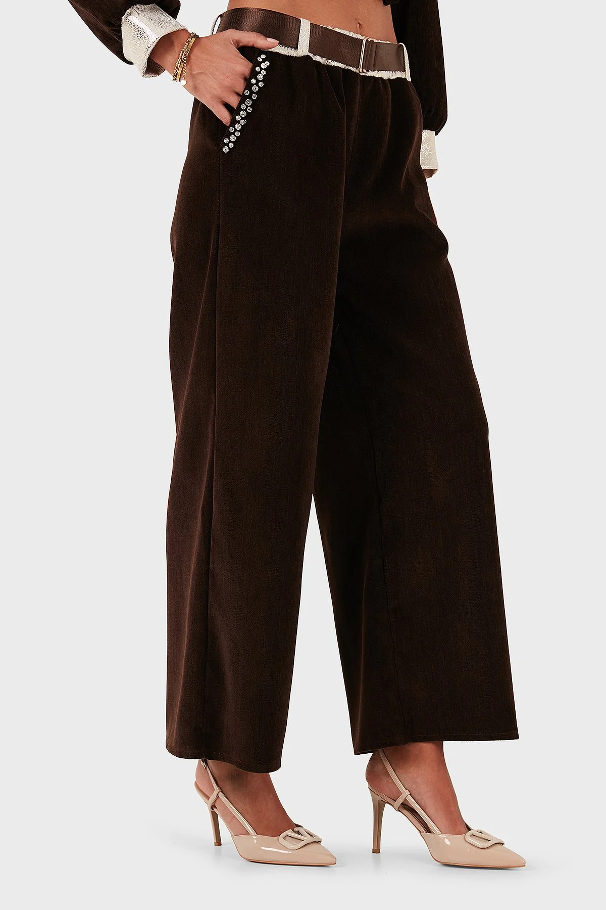 Via Dante Wide Leg Fit Normal Bel Cep Detaylı Bayan Pantolon 69143990 KAHVE - 4