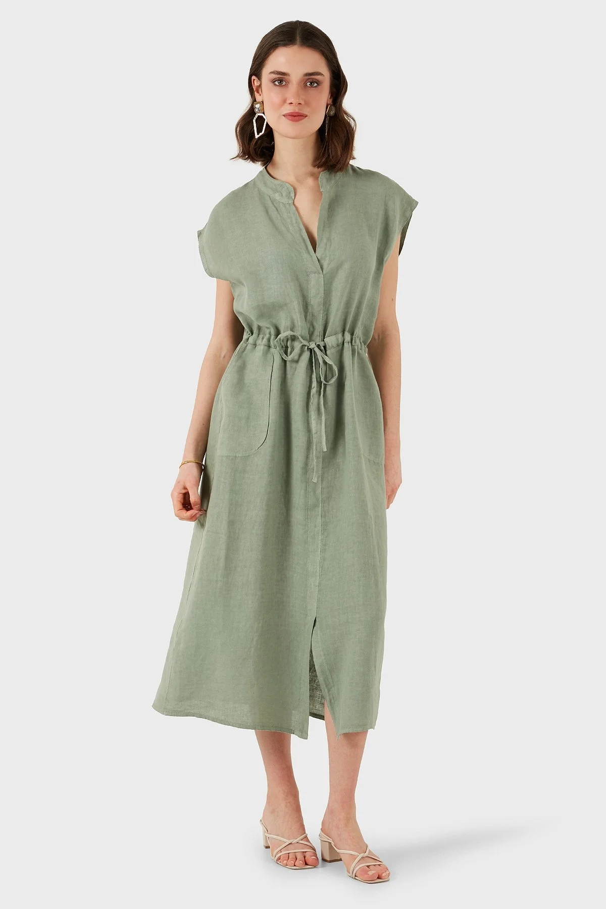 Via Dante Yırtmaçlı Comfort Fit V Yaka Midi Boy Keten Bayan Elbise 6085544 HAKİ - 2