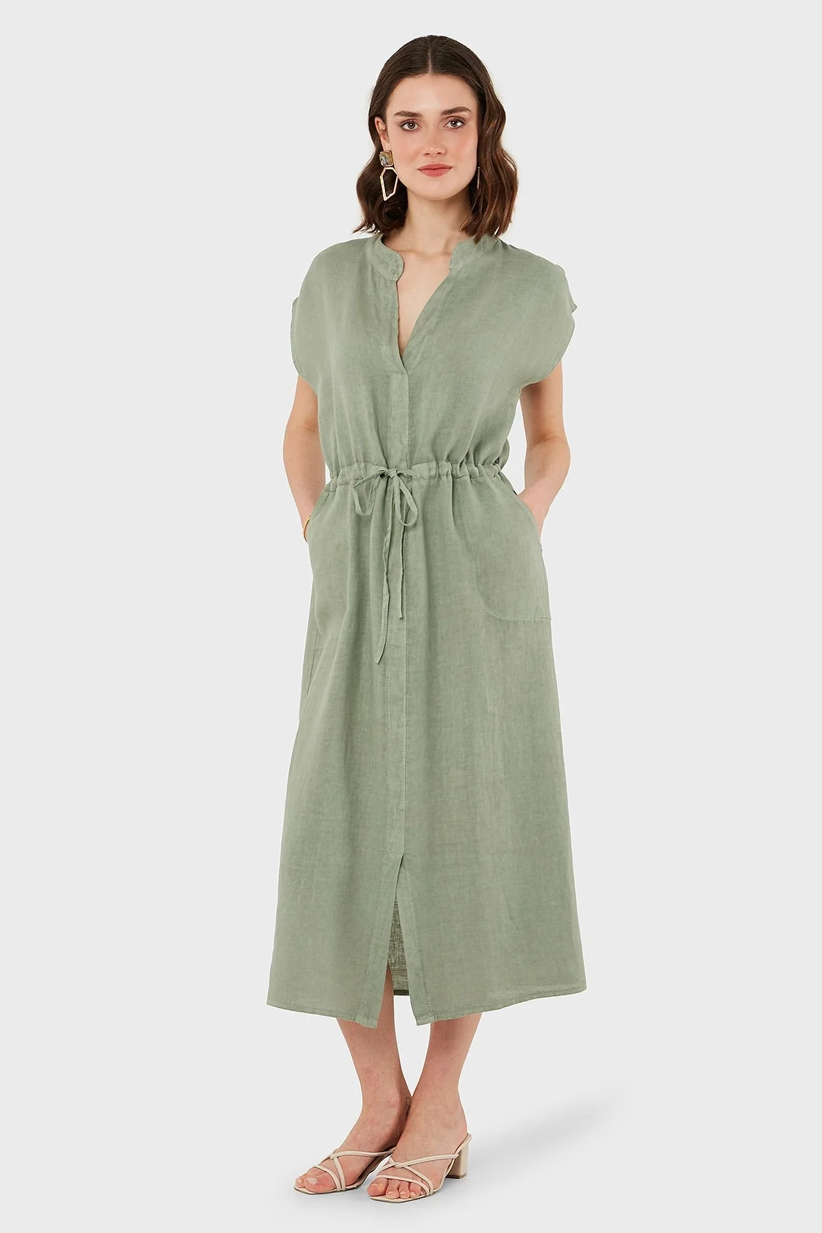 Via Dante Yırtmaçlı Comfort Fit V Yaka Midi Boy Keten Bayan Elbise 6085544 HAKİ - 5