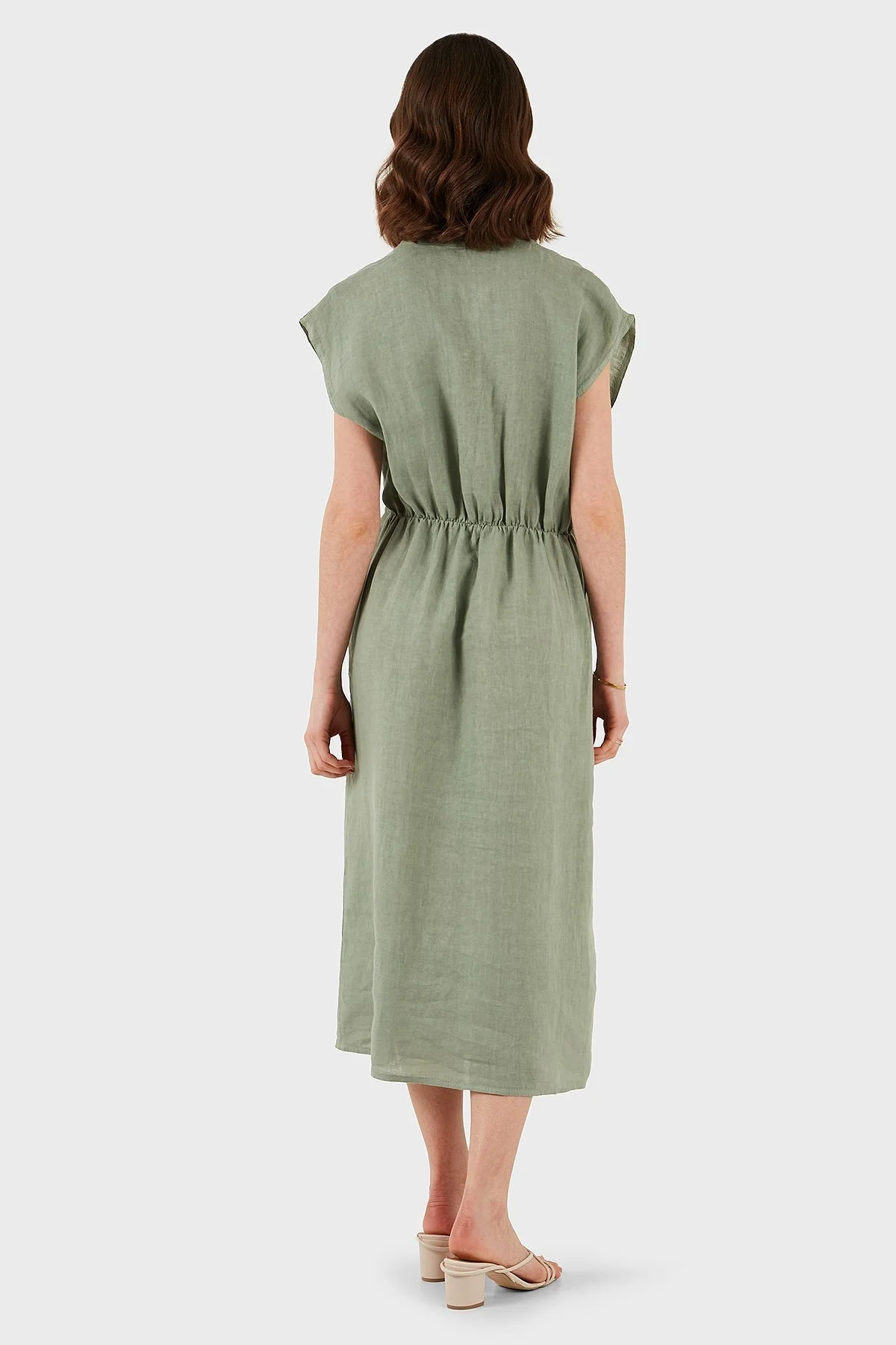 Via Dante Yırtmaçlı Comfort Fit V Yaka Midi Boy Keten Bayan Elbise 6085544 HAKİ - 6