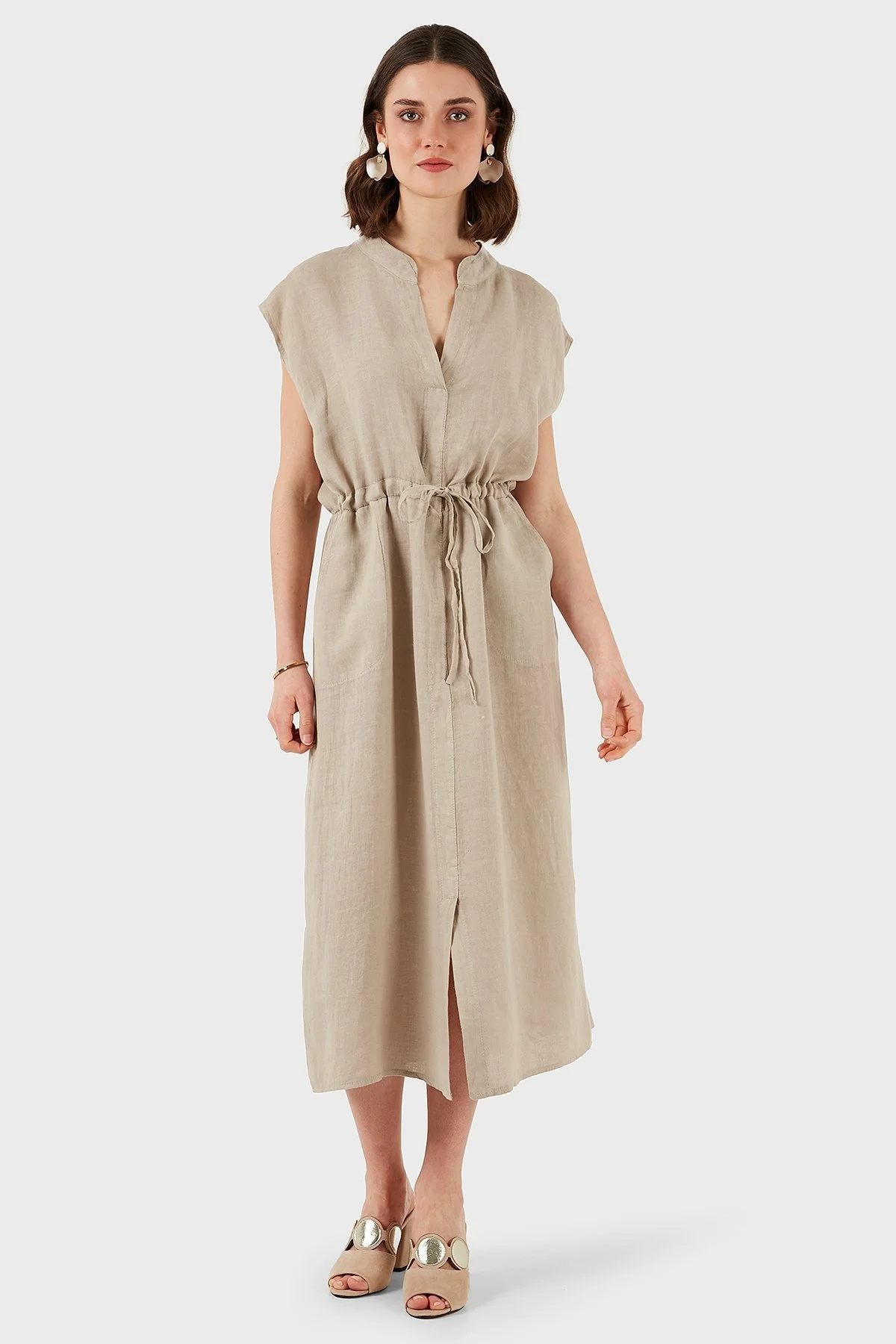 Via Dante Yırtmaçlı Comfort Fit V Yaka Midi Boy Keten Bayan Elbise 6085687 TAŞ - 2