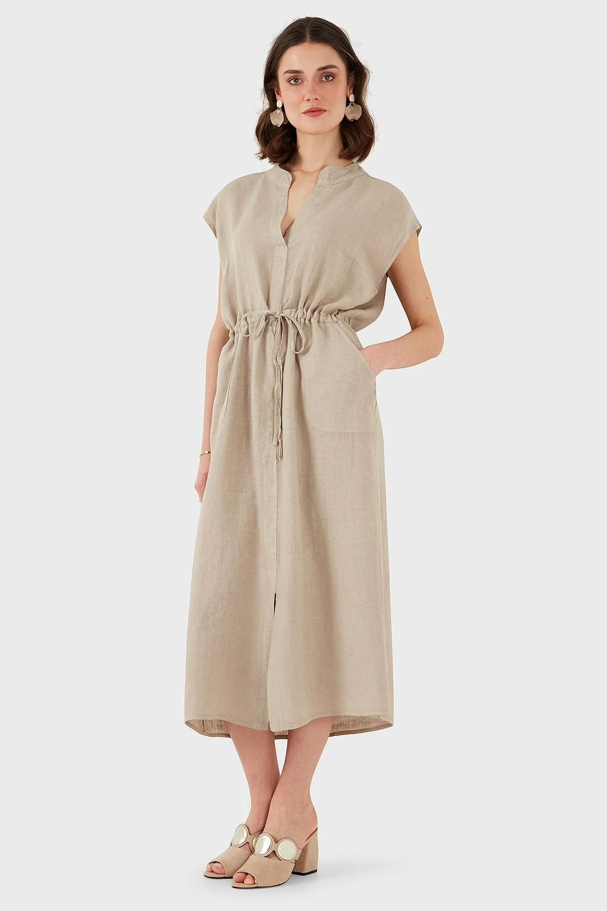 Via Dante Yırtmaçlı Comfort Fit V Yaka Midi Boy Keten Bayan Elbise 6085687 TAŞ - 4