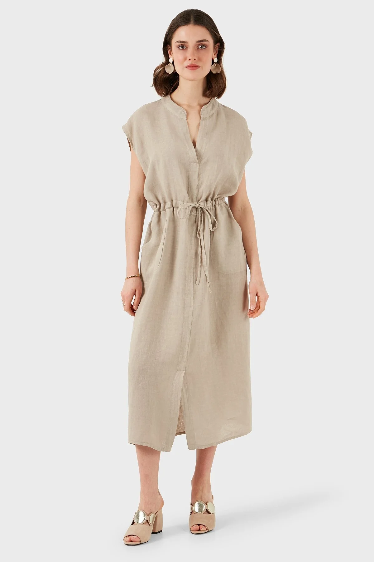 Via Dante Yırtmaçlı Comfort Fit V Yaka Midi Boy Keten Bayan Elbise 6085687 TAŞ - 5