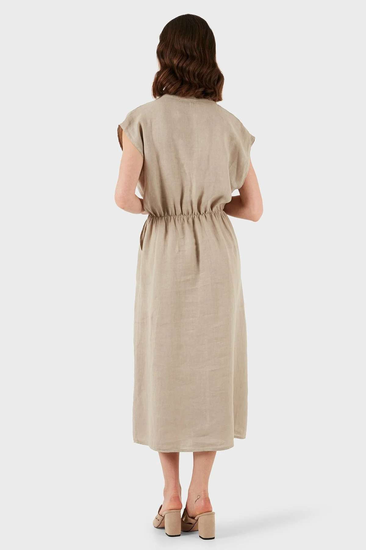 Via Dante Yırtmaçlı Comfort Fit V Yaka Midi Boy Keten Bayan Elbise 6085687 TAŞ - 6