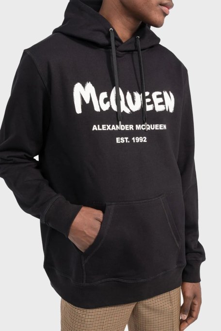 Mcqueen Baskılı % 100 Pamuk Kapüşonlu Oversize Erkek Sweat 688715QTZ81 0901 SİYAH - McQueen